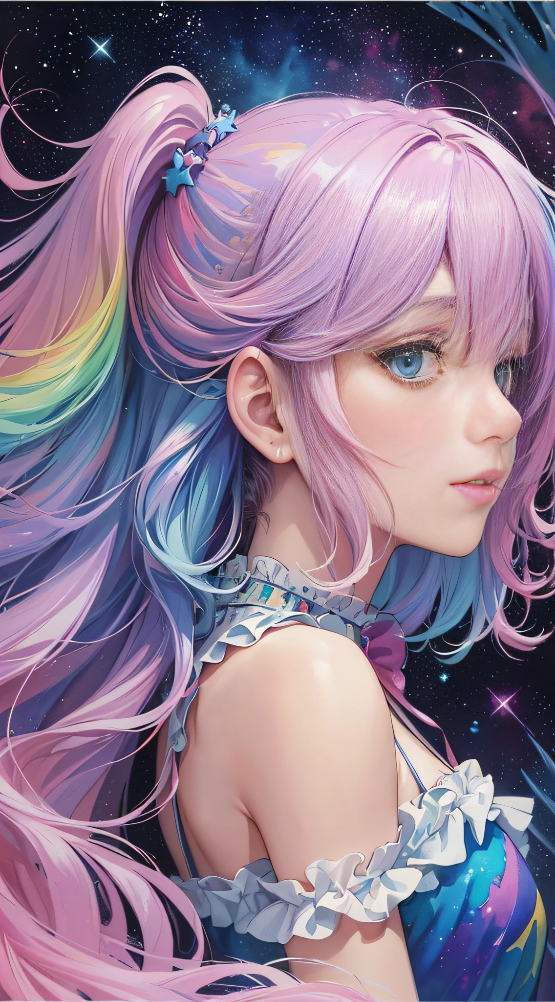 (masterpiece, top quality, best quality,watercolor (medium),official art, beautiful and aesthetic:1.2),(1girl:1.3), (fractal art:1.3),upper body, from side, looking at viewer,patterns,(rainbow color Hair,colorful hair,half blue and half pink hair:1.2),water,liquid, cloud,colorful, starry,stars,