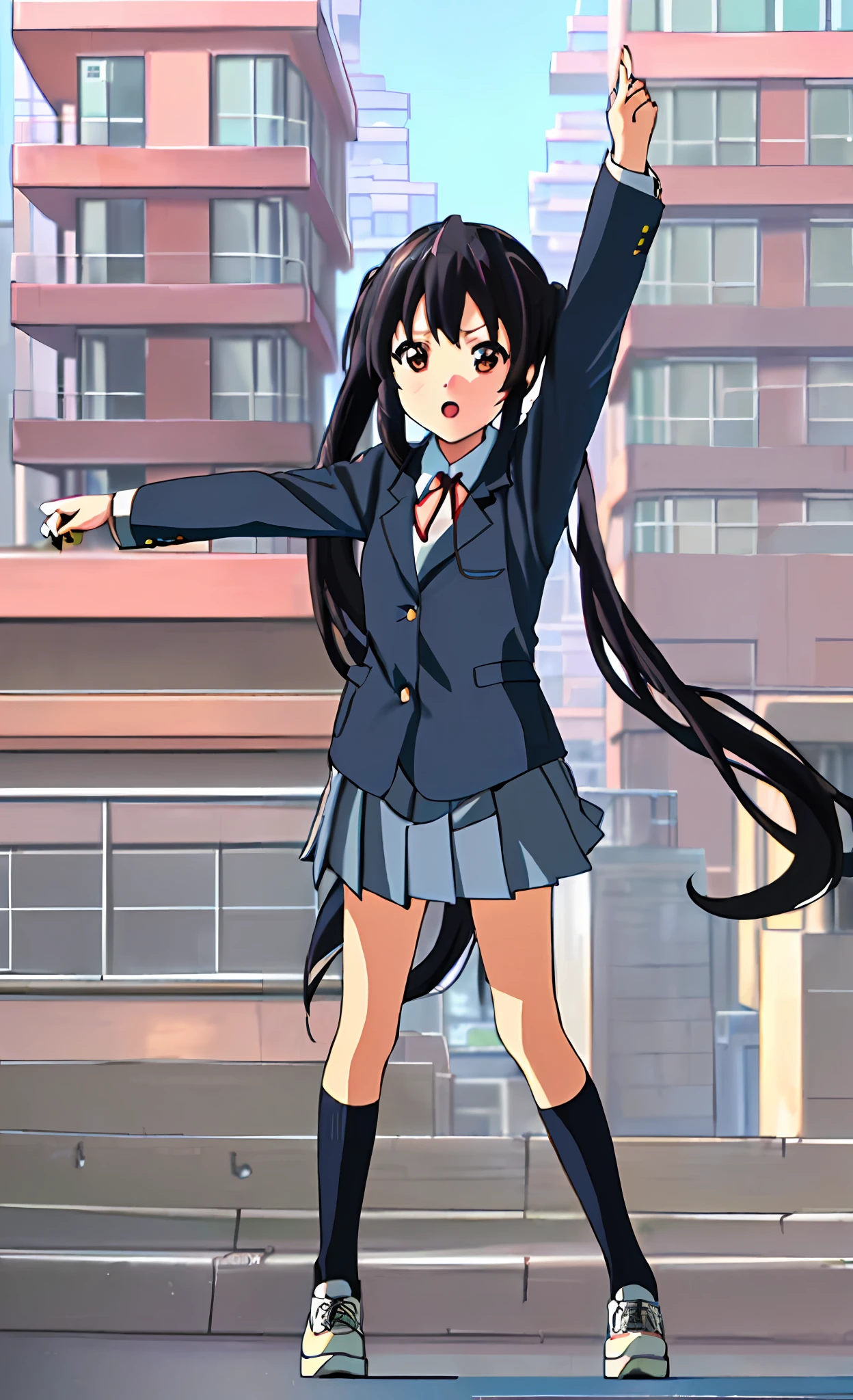 1girl, ((((Masterpiece))), Best Quality, Best Quality, High Detail, Azusa Nakano, 1girl, Sakuragaoka High School Uniform, Musical Instrument, School Uniform, Twin Tails, Long Hair, Black Hair, Brown Eyes, Solo, Red, Dark blue blazer with a thin ribbon of red, Solid white button shirt under blazer, Illustration, Cartoon, Soothing tones, Muted colors, Soft cinematic light, Adobe Lightroom, Photo Lab, HDR, complex and highly detailed, (((depth of field))))). (((Masterpiece))). (((highest quality))).) ((super detail))). (((Illustration))). (((Outside))). (((fighting stance))).,((((Giantization))).dynamic focus.small breasts. (((skyscrapers))). (((Cityscape))). (((Face of sadness))). Open mouth. Spread arms, hands do not hold anything,