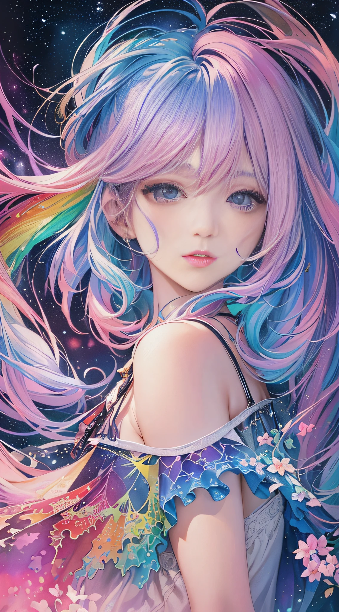 (masterpiece, top quality, best quality,watercolor (medium),official art, beautiful and aesthetic:1.2),(1girl:1.3), (fractal art:1.3),upper body, from side, looking at viewer,patterns,(rainbow color Hair,colorful hair,half blue and half pink hair:1.2),water,liquid, cloud,colorful, starry,stars,