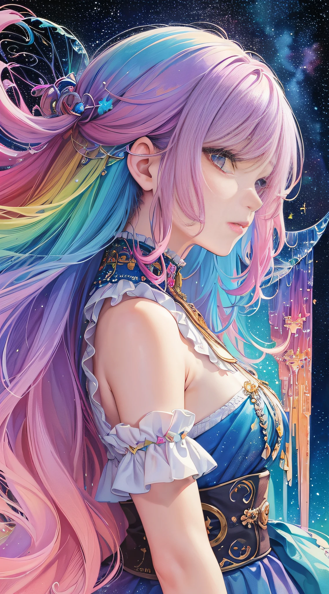 (masterpiece, top quality, best quality,watercolor (medium),official art, beautiful and aesthetic:1.2),(1girl:1.3), (fractal art:1.3),upper body, from side, looking at viewer,patterns,(rainbow color Hair,colorful hair,half blue and half pink hair:1.2),water,liquid, cloud,colorful, starry,stars,