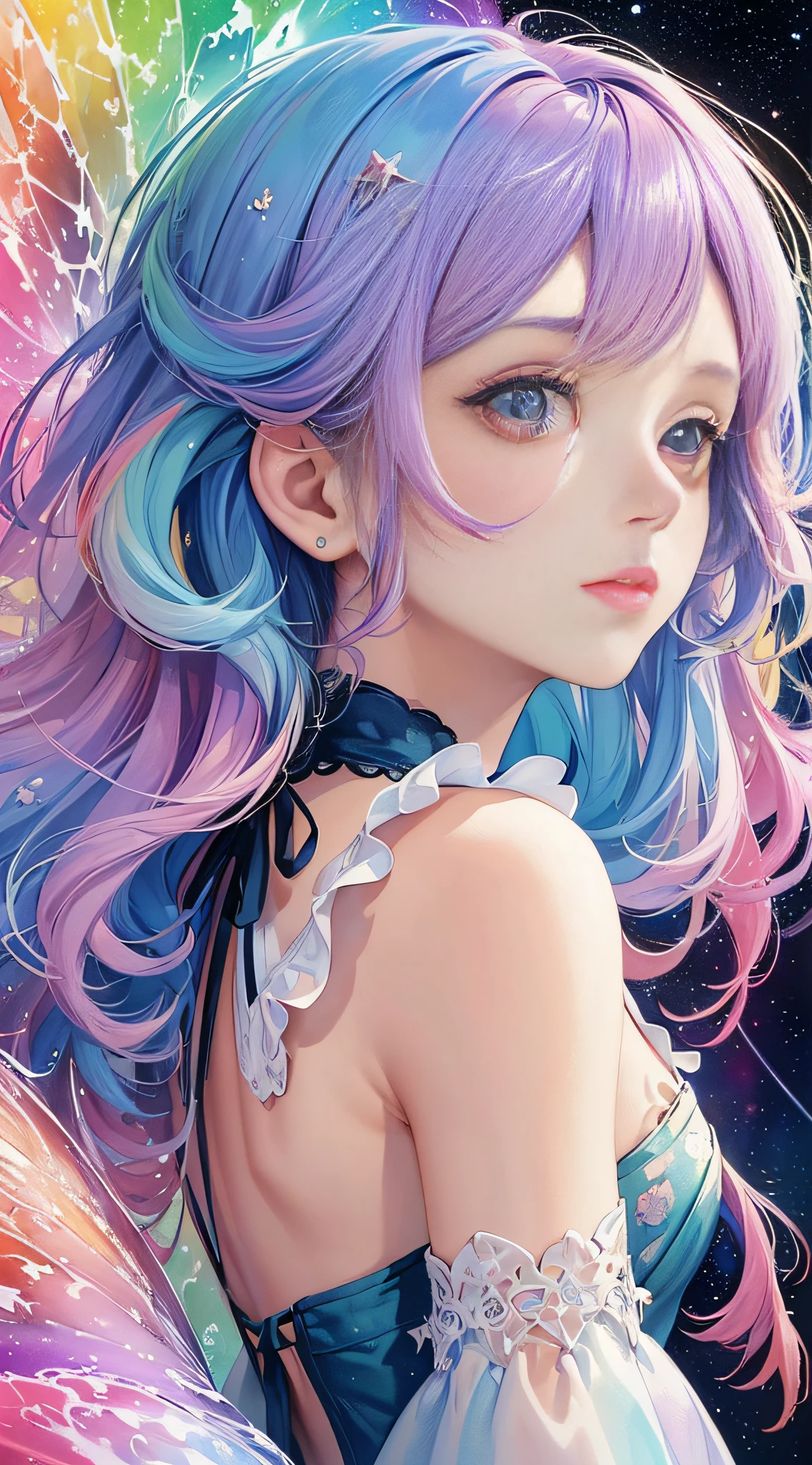 (masterpiece, top quality, best quality,watercolor (medium),official art, beautiful and aesthetic:1.2),(1girl:1.3), (fractal art:1.3),upper body, from side, looking at viewer,patterns,(rainbow color Hair,colorful hair,half blue and half pink hair:1.2),water,liquid, cloud,colorful, starry,stars,