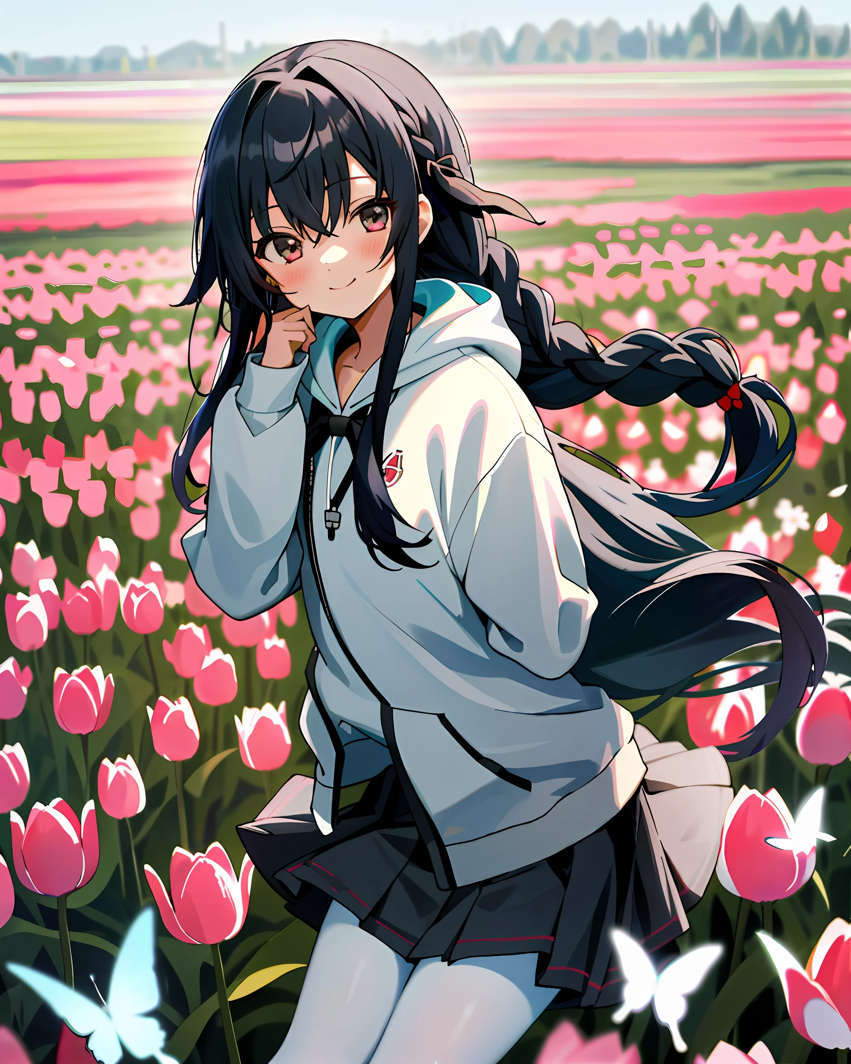 a masterpiece,of the best quality,In spring,sao,flower field,The girl,student,very long hair,Black hair,Straight Hair,side braids,Butterfly hair accessories,looks at the viewer,light smile,Gradual, eyes,Hoodie hoodie,Sweatshirt,school uniforms,Miniskirt,White garter,White pantyhose,blackpantyhose,adorable girl,multiple girls,Yokozuwari sits sideways,Put your hands behind your back,Hair bow bow, Soft hair,
Tulip fields
