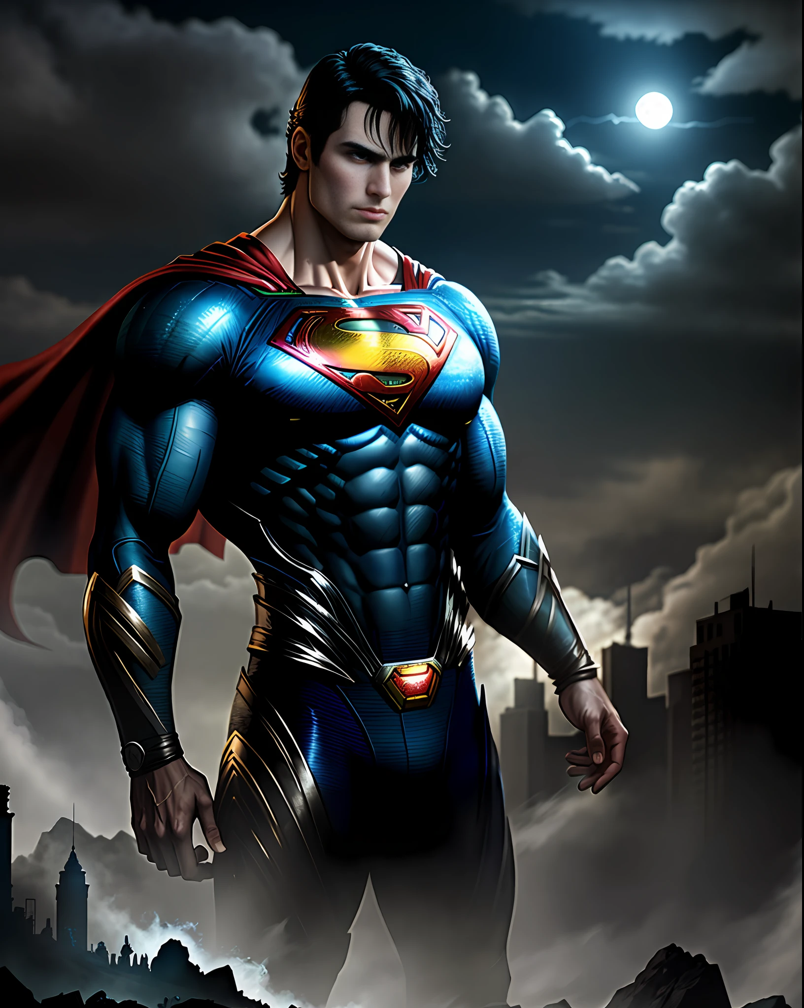 Superman from man of Steel stands imposing in a abandoned haunted lost city. Moonlight highlights your muscles and scars. The scenery is lush and mysterious, with dark city and surroundings. The camera details everything, a warrior woman, in front of him.