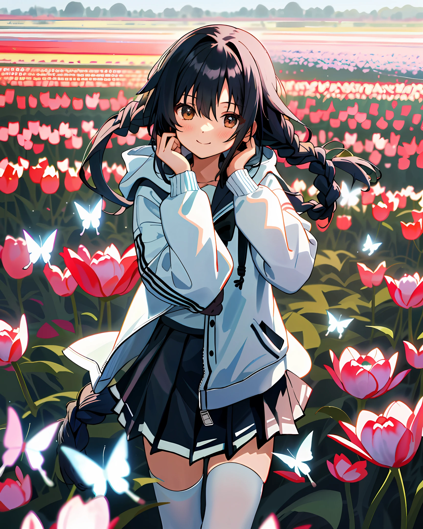 a masterpiece，of the best quality，In spring，sao，flower field，The girl，student，very long hair，Black hair，Straight Hair，side braids，Butterfly hair accessories，looks at the viewer，light smile，Gradual, eyes，Hoodie hoodie，Sweatshirt，school uniforms，Miniskirt，White garter，White pantyhose，blackpantyhose，adorable girl，multiple girls，Yokozuwari sits sideways，Put your hands behind your back，Hair bow bow， Soft hair，
Tulip fields