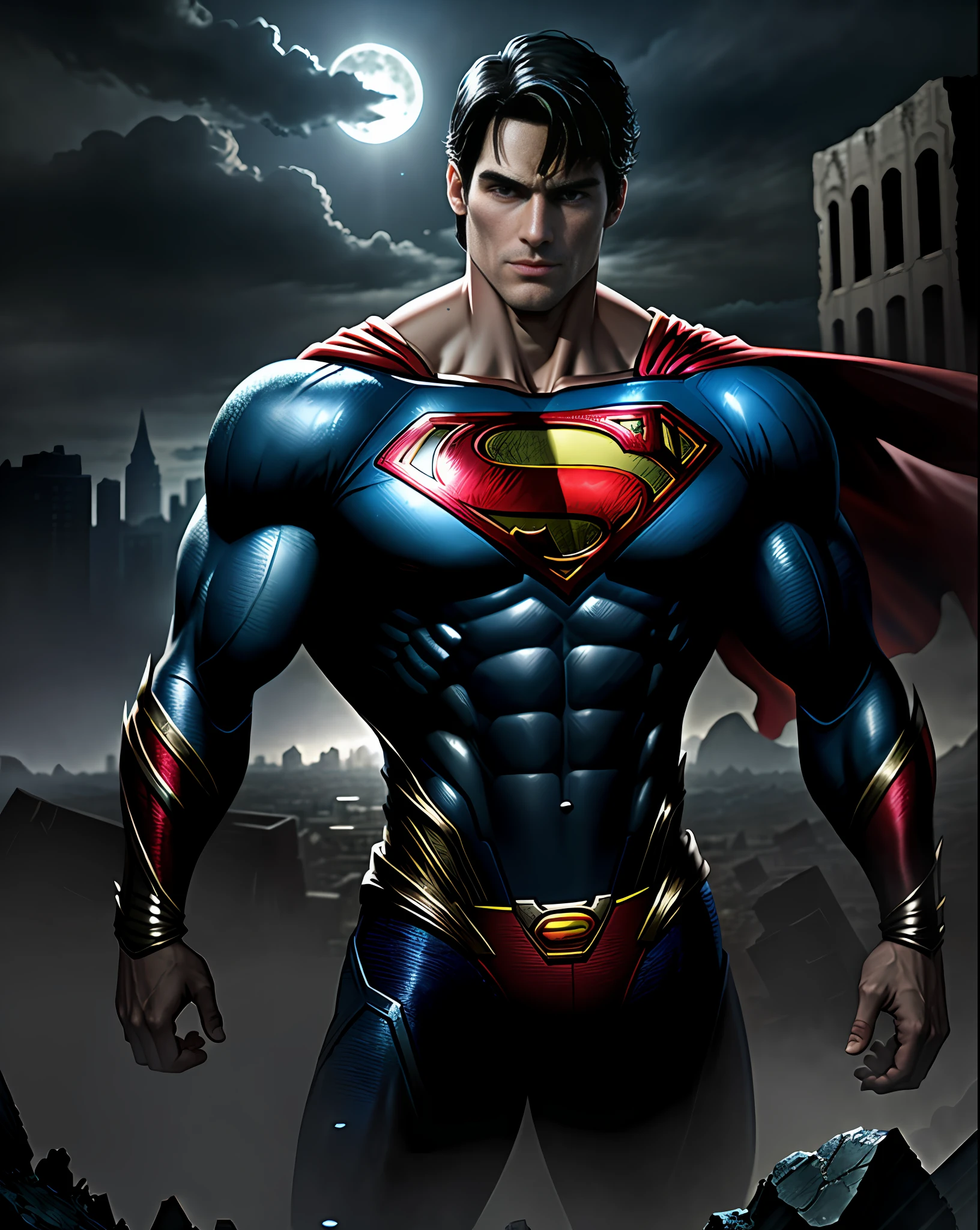 Superman from man of Steel stands imposing in a abandoned haunted lost city. Moonlight highlights your muscles and scars. The scenery is lush and mysterious, with dark city and surroundings. The camera details everything, a warrior woman, in front of him.