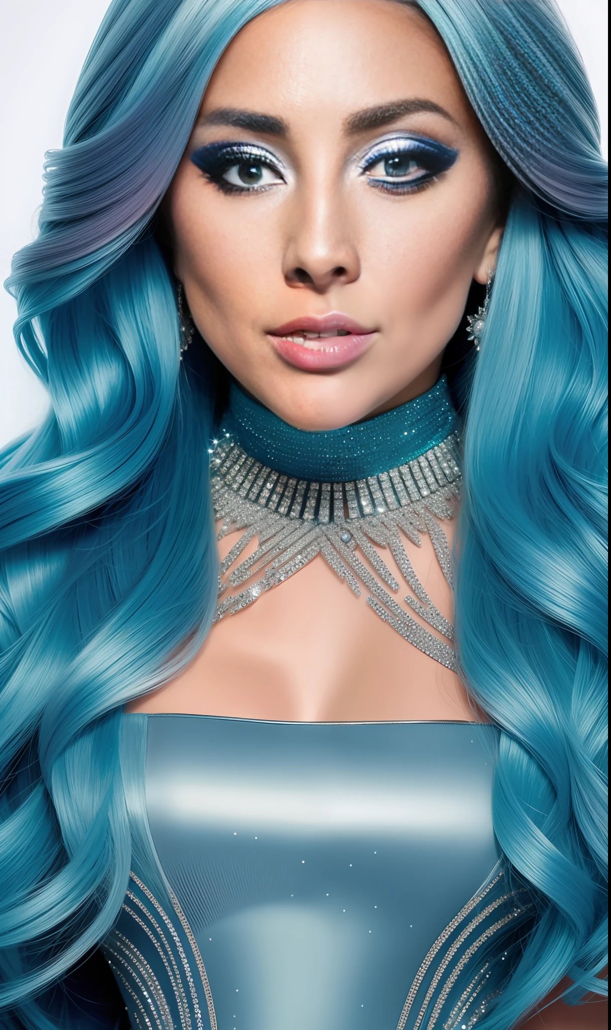 Foto de lady gaga, textura 4K, sosten en piedras y diamantes beige,neon,cabello extravagante, imagen en 8k, alta costura, flashes, alta calidad de imagen,vestido neon, rostro realista, varias poses corporales, cuerpo completo, imagen 8k, Sharp image,HD, gafas azules, rostro HD,fondo de galaxia, Very sharp and detailed face