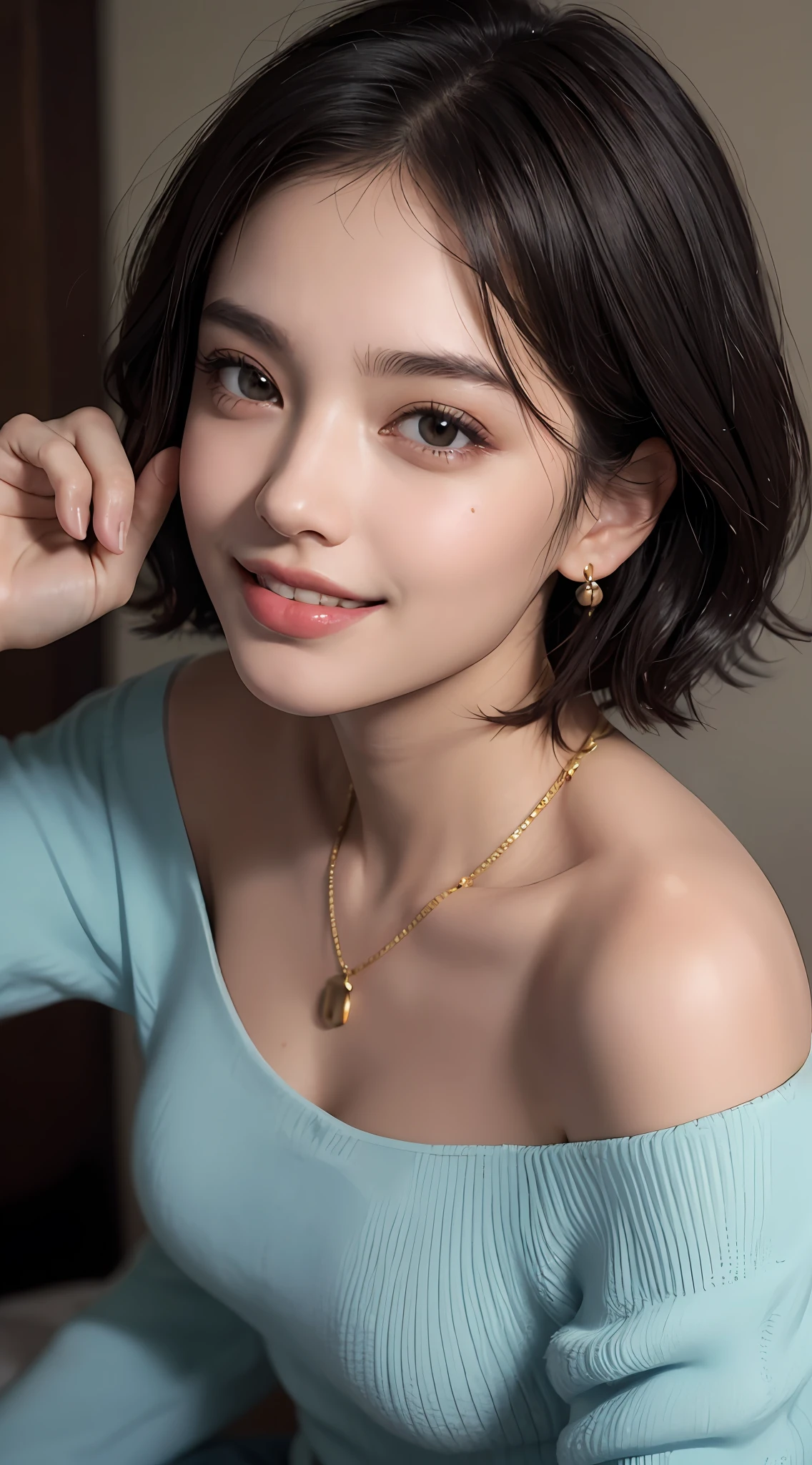 (top quality, 8k, masterpiece: 1.3), pretty woman with perfect figure: 1.4, dark brown hair, big, wearing pendants, torn shorts, sleeping in bedroom, very detailed face and skin, detailed eyes, double eyelids, top quality, masterpiece, (photorealistic: 1.4), one woman, golden ratio, high angle shot, upper eye care, low angle shot, perfect face, beautiful figure, cute face, face close-up, zoom in on face, short bob, short hair, smile from different angles, smile, gloss, highlight, gloss, glossy on skin, glossy on skin, wet skin, wet, bangs, cute smile, bust, off-shoulder, refreshing charm, elegant, perfect hands, smile from angle, smile, shiny, highlight, glossy skin, bangs, bust, big, Warm off-shoulder, refreshing charm, ears out, gaze to the camera, poses at different angles