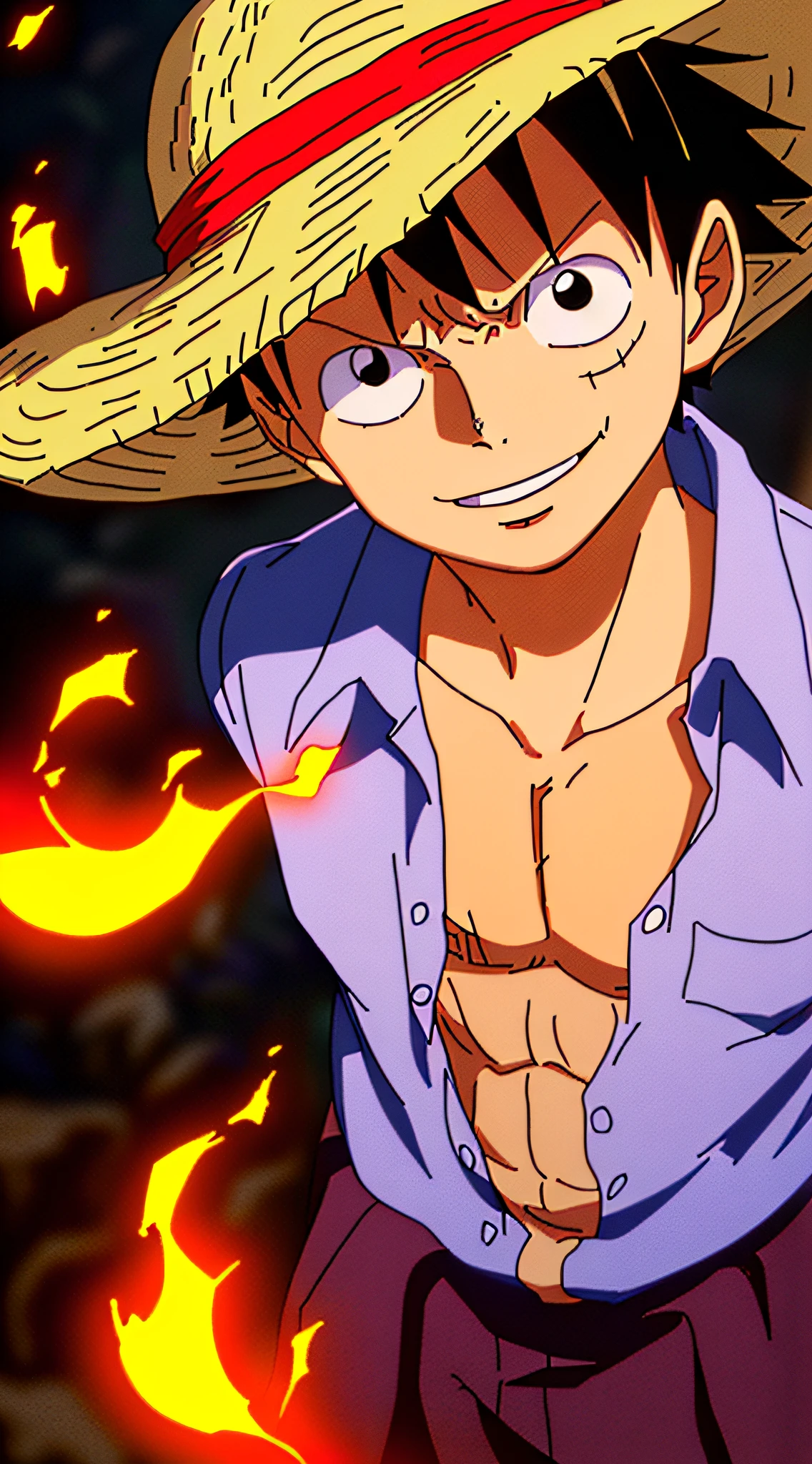 1boy, wanostyle, monkey d luffy, smiling, straw hat, looking at viewer, solo, upper body, ((masterpiece)), (best quality), (extremely detailed), depth of field, sketch, dark intense shadows, sharp focus, soft lighting, hdr, colorful, good composition, fire all around, spectacular, closed shirt, anime screencap, scar under eye, ready to fight, black eyes