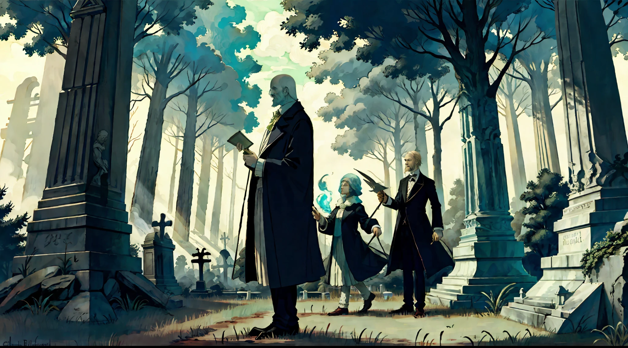 An elemental cryptid in an enchanting cemetery by Edward Gorey and Fritz Bleyl
