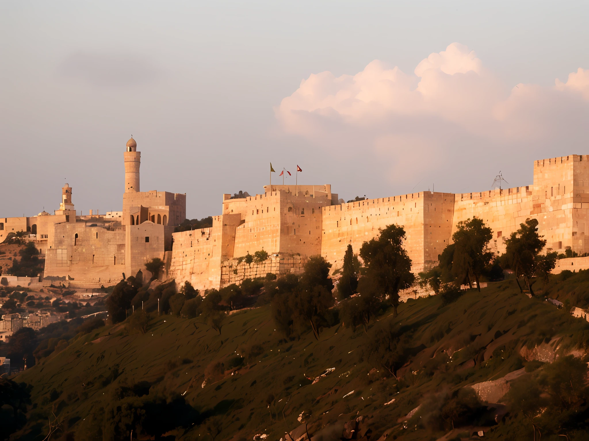 there is a large stone wall with a tower on top, jerusalem, arredores da cidade, Cidade Velha, Muralhas da cidade, Direction: Elias Goldberg, skyline mostrando, cidadela medieval, historical setting, Castelo vermelho no fundo, Israel, por Israel Tsvaygenbaum, completo - vista, visto de longe, Muralha da Cidade, Direction: Ken Elias, the western wall
