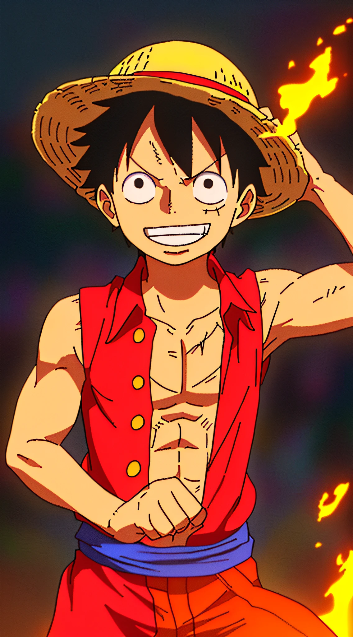 1boy, wanostyle, monkey d luffy, smiling, straw hat, looking at viewer, solo, upper body, ((masterpiece)), (best quality), (extremely detailed), depth of field, sketch, dark intense shadows, sharp focus, soft lighting, hdr, colorful, good composition, fire all around, spectacular, closed shirt, anime screencap, scar under eye, ready to fight, black eyes