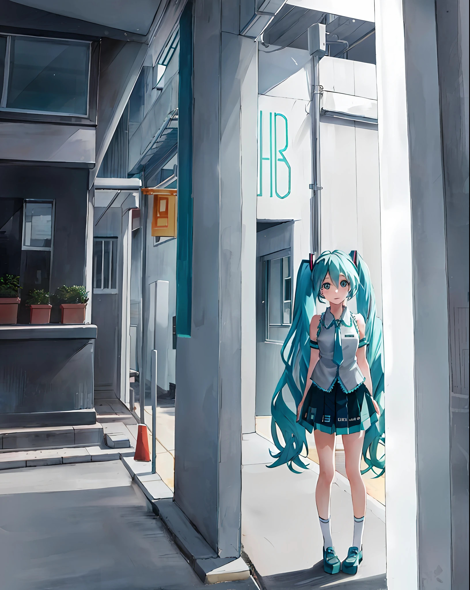 (hatsune miku:1.1), (pigtails), cute, close, looking at viewer, standing, detailed, (1girl), bluethebone, 1980s \(style\),