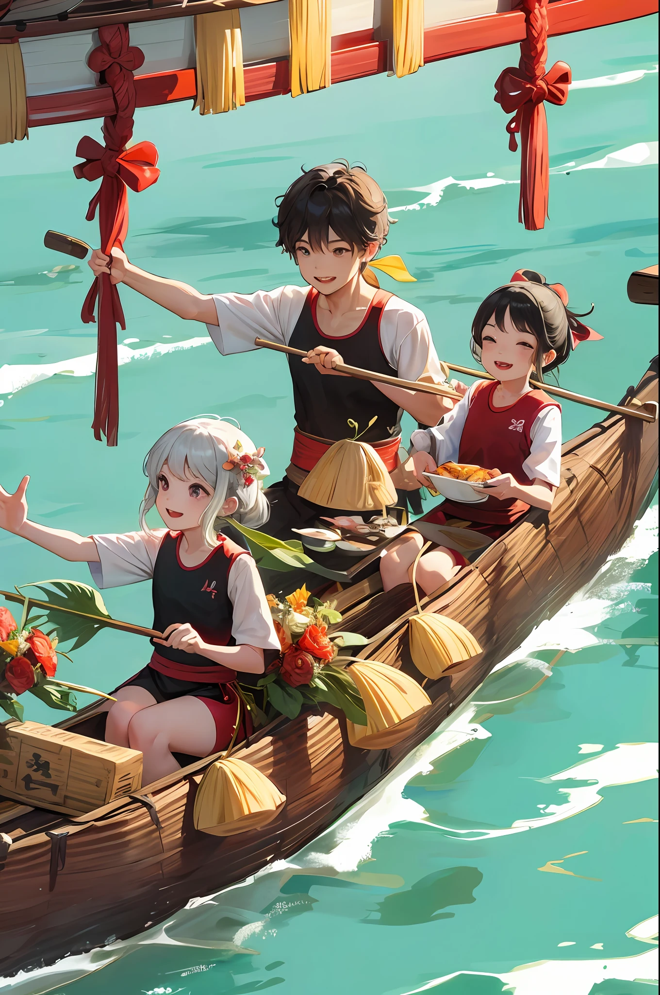 A picture of dragon boat rowing during the Dragon Boat Festival,The rowing children smiled happily,People happily wrap and eat zongzi,Beautiful picture