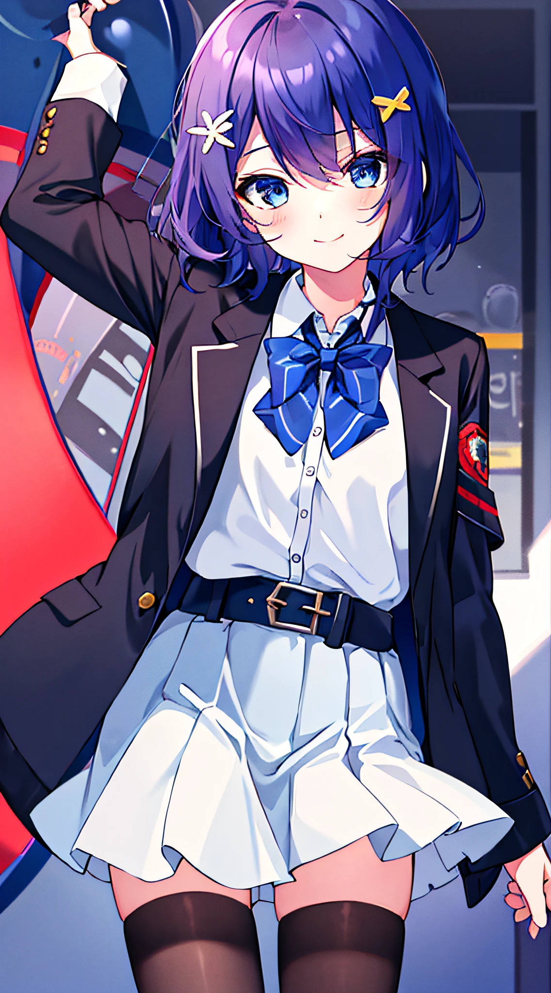 illustration,
1girl,solo,mysterious,vivid color,shiny,
expression,arms behind back,
Kiana,closed mouth, shirt, blue eyes, long sleeves, smile, black jacket, white shirt, jacket, looking at viewer,skirt, coat, hair ornament, backpack, collared shirt, polo shirt,black thighhighs,