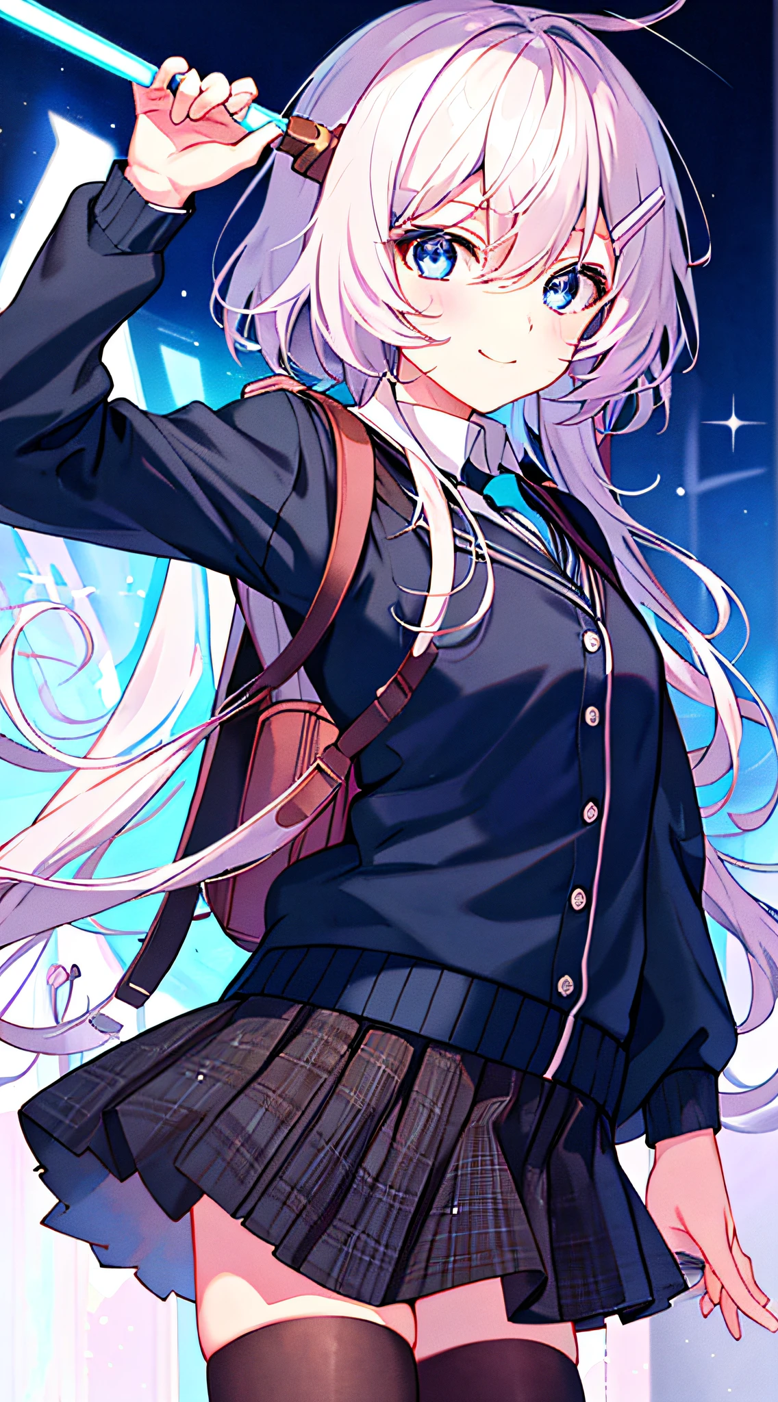 illustration,
1girl,solo,mysterious,vivid color,shiny,
expression,arms behind back,
Kiana,closed mouth, shirt, blue eyes, long sleeves, smile, black jacket, white shirt, jacket, looking at viewer,skirt, coat, hair ornament, backpack, collared shirt, polo shirt,black thighhighs,