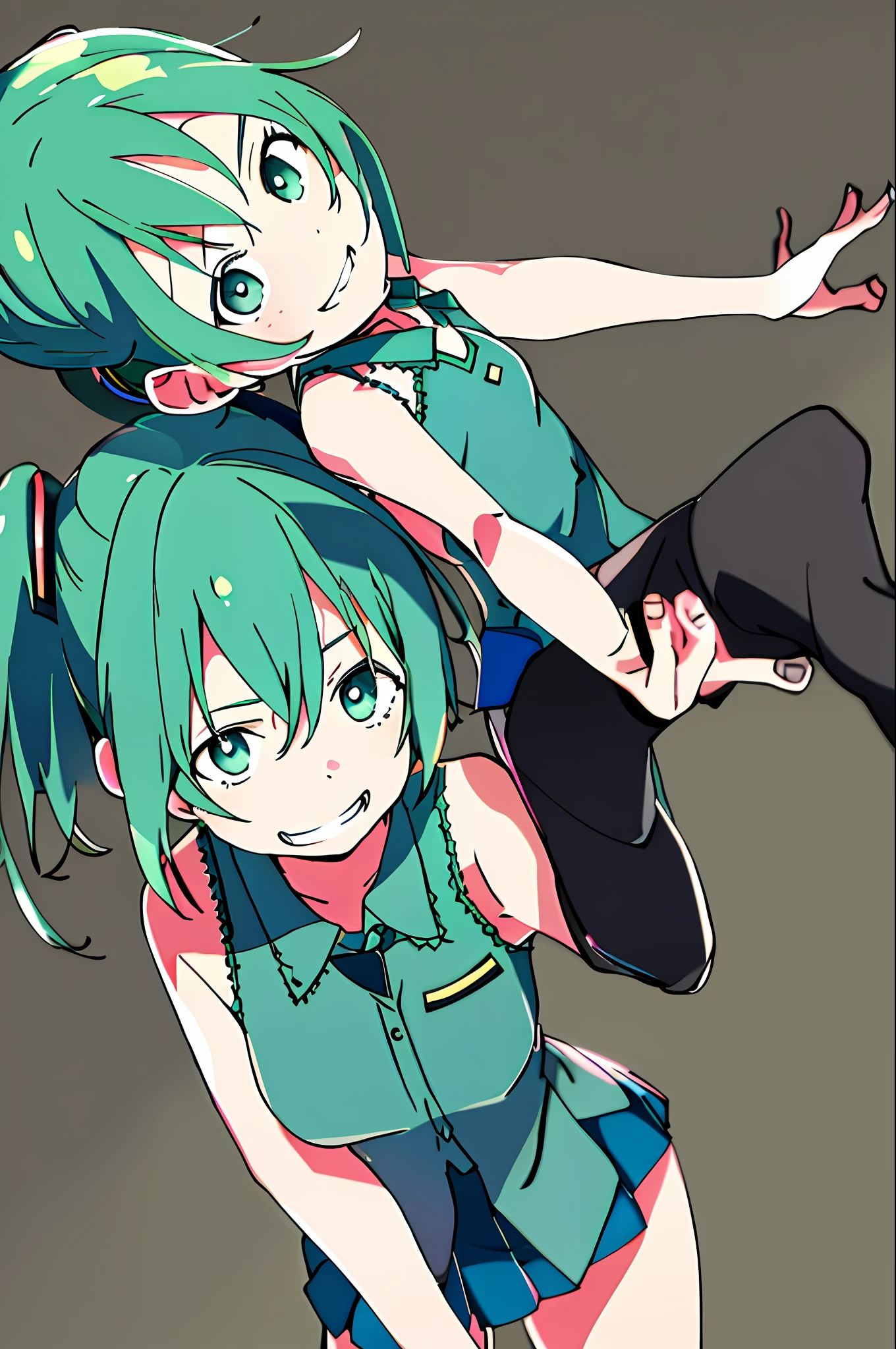 Masterpiece, Best Quality, 1girl, Solo, Dynamic Pose, Cowboy Shooting, Hatsune Miku, Green Eyes, Green Hair, Double Ponytail, School Uniform, Bent Over, Behind Arms, Evil Smile, Grin, From Above, Looking Up, Simple Background,