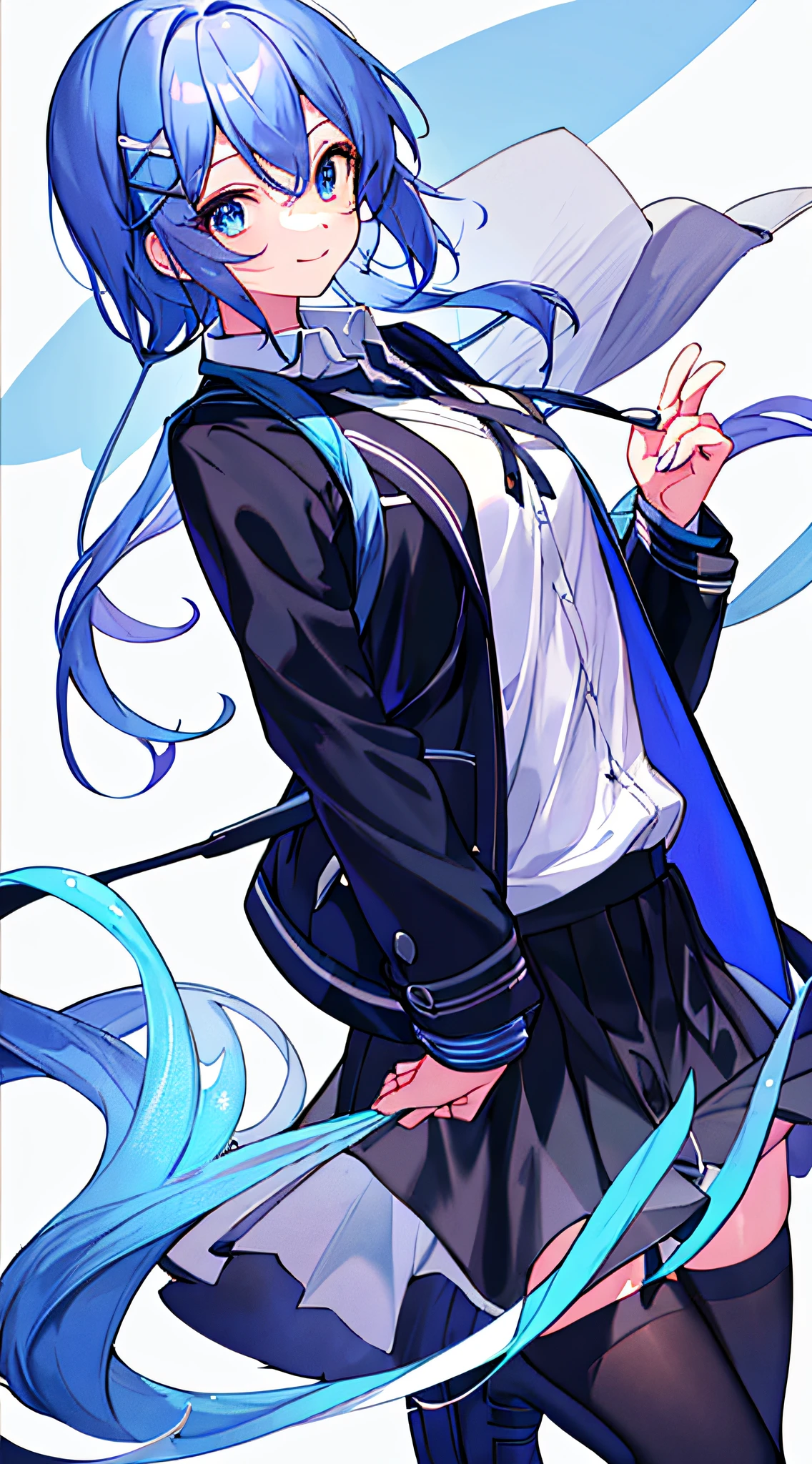 illustration,
1girl,solo,mysterious,vivid color,shiny,
expression,arms behind back,
Kiana,closed mouth, shirt, blue eyes, long sleeves, smile, black jacket, white shirt, jacket, looking at viewer,skirt, coat, hair ornament, backpack, collared shirt, polo shirt,black thighhighs,