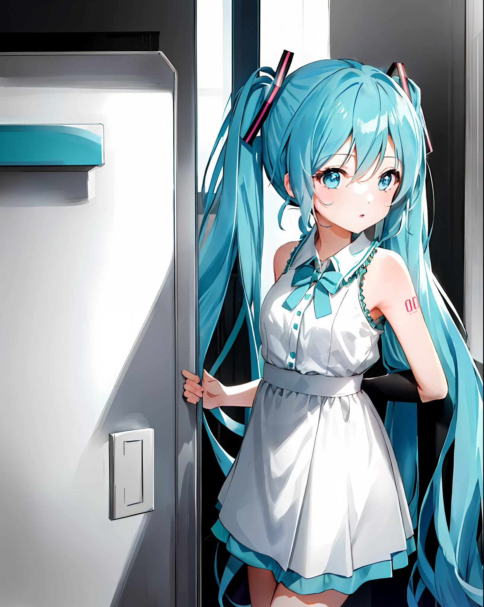 (hatsune miku:1.1), (pigtails), cute, close, looking at viewer, standing, detailed, (1girl), bluethebone, 1980s \(style\),