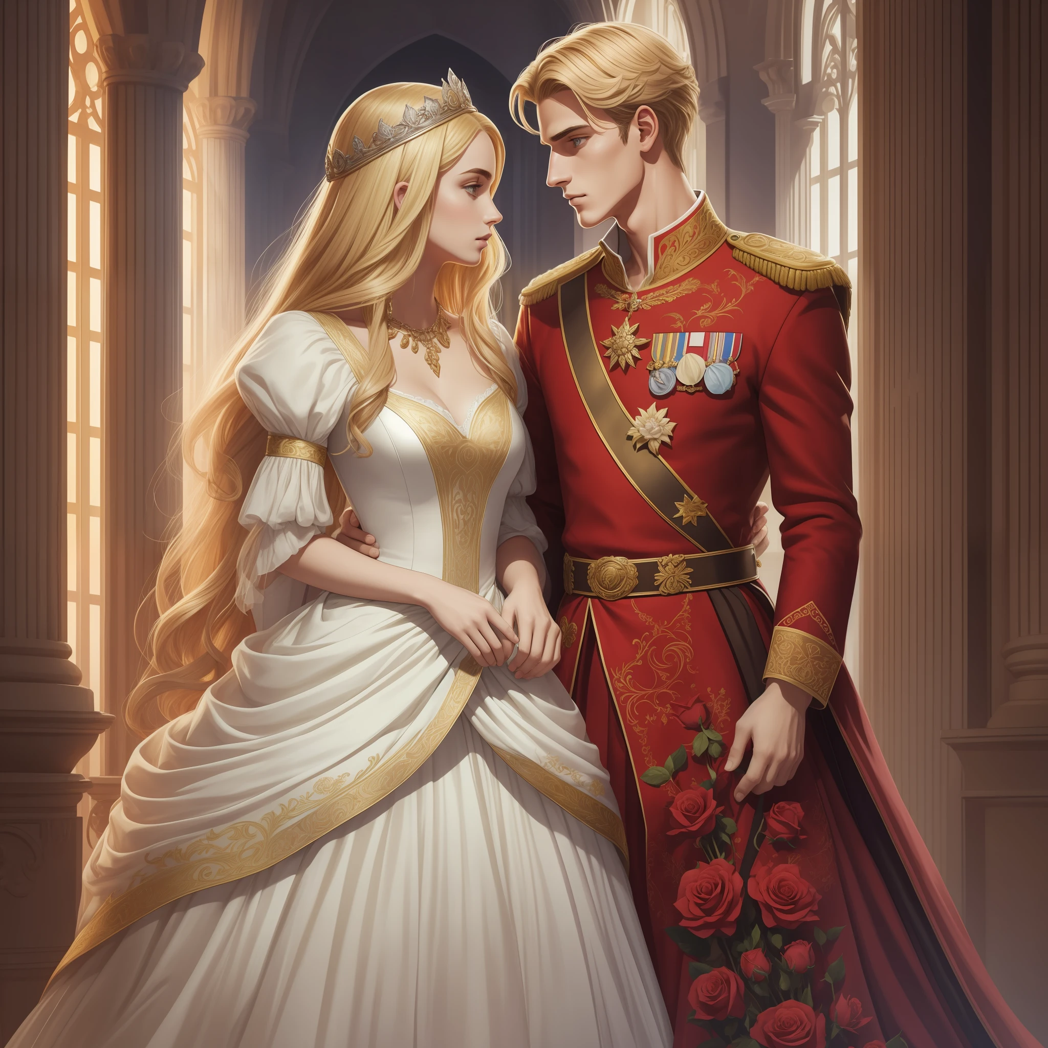 Casal se beija um home e uma mulher com muito carinho, the man Neels Visser is a prince who has golden blonde hair, wears a medieval military outfit and is in love with the commoner, the woman Lily Collins;, que tem cabelo preto moreno encaracolado e usa um vestido vermelho, Illustration of a novel book cover with a detailed background, liso, brilhante cheio de flores cobertas de hera e rosas vermelhas, castelo, Ornate dress standing on a bed of roses, luz de aro, dynamic lighting, ethereal lighting, ultra detalhe, arte conceitual, elegante, surreal, arte de Lisa Aisato