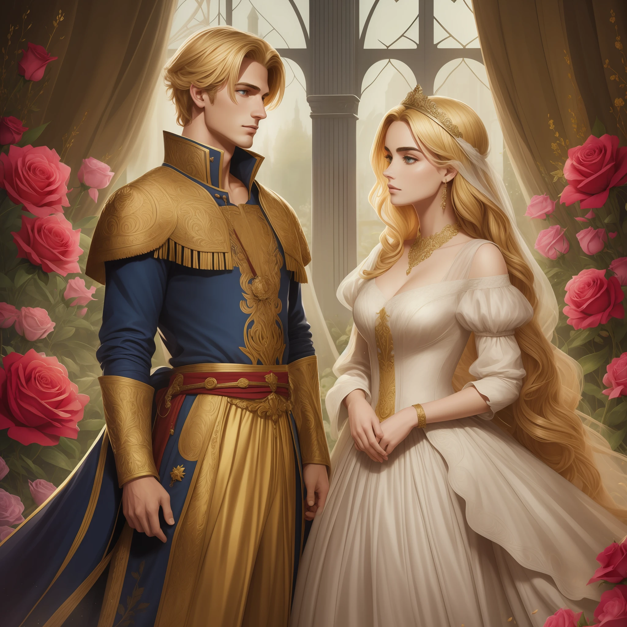 Casal se beija um home e uma mulher com muito carinho, the man Neels Visser is a prince who has golden blonde hair, wears a medieval military garb and is in love with the commoner, a mulher Lily Collins;, que tem cabelo preto moreno encaracolado e usa um vestido vermelho, Illustration of a novel book cover with a detailed background, liso, brilhante cheio de flores cobertas de hera e rosas vermelhas, castelo, Ornate dress standing on a bed of roses, Anel luminoso, dynamic lighting, ethereal lighting, ultra detalhe, arte conceitual, elegante, surreal, arte por Lisa Aisato