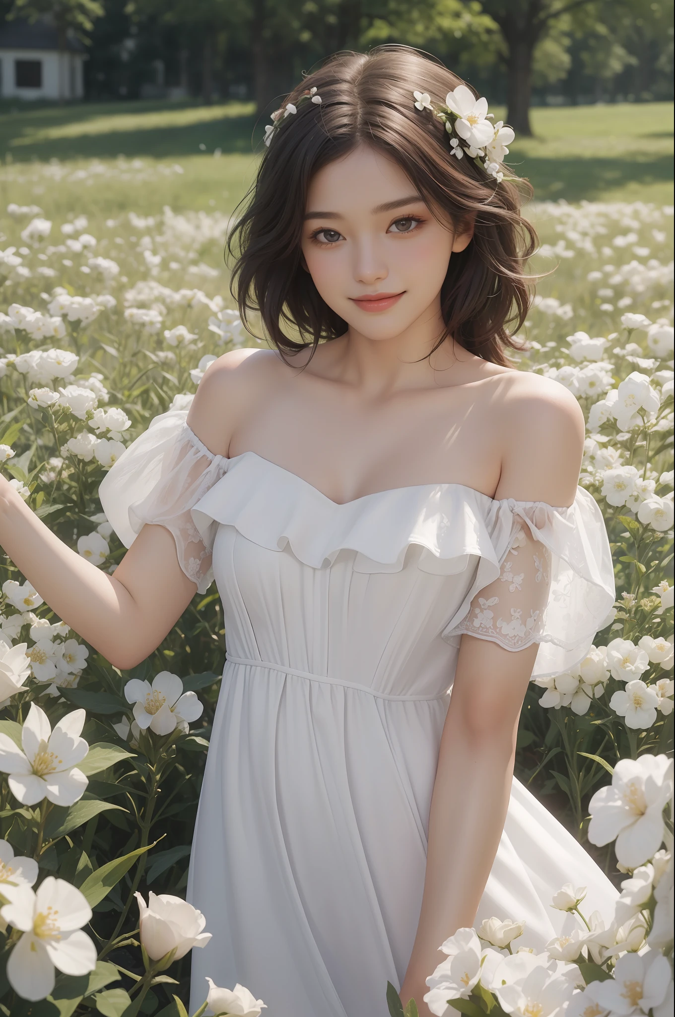 Best quality, masterpiece, ultra high res, (photorealistic:1.4), raw photo, 1girl, white dress, off shoulder, blossom flower field, glowing skin, light smile