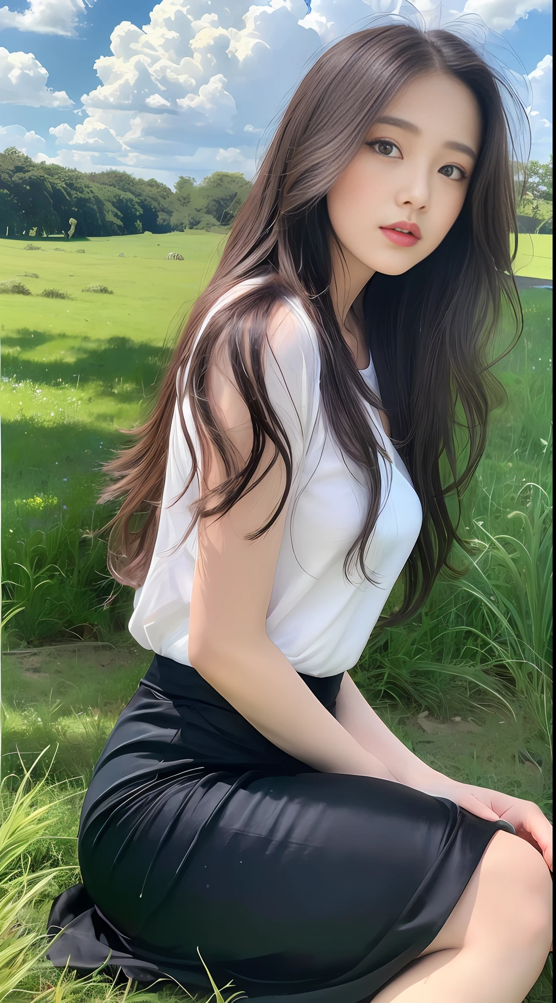 ((Best Quality, 8K, Masterpiece:1.3)), A beautiful girl, pure, melon face, gentle and cute, thin figure, frontal, tilted head, upper body leaning forward, ((short T-shirt, long skirt)), black silky long hair, long hair shawl, round black big eyes, clear big eyes, moist red lips, sweet, sitting, blue sky and white clouds, sunshine, pastoral background,