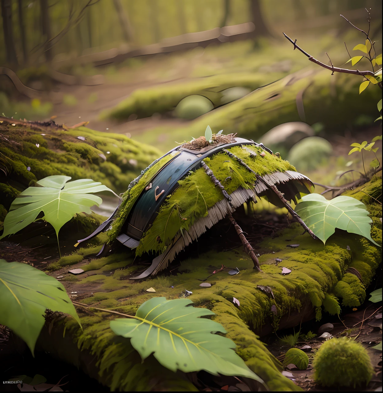 A haunting image of a decaying VW beetle, its partially decayed remains covered in moss and lichen. The large, twisted, leaf-shaped structures beneath the insect resemble twisted rope, and the surrounding forest is bathed in a warm, golden light. The sun casts a warm glow on the scene, illuminating the decaying leaves, highlighting the vivid color and texture of the decaying wood. fast shutter speed, wide aperture, low light --auto --s2