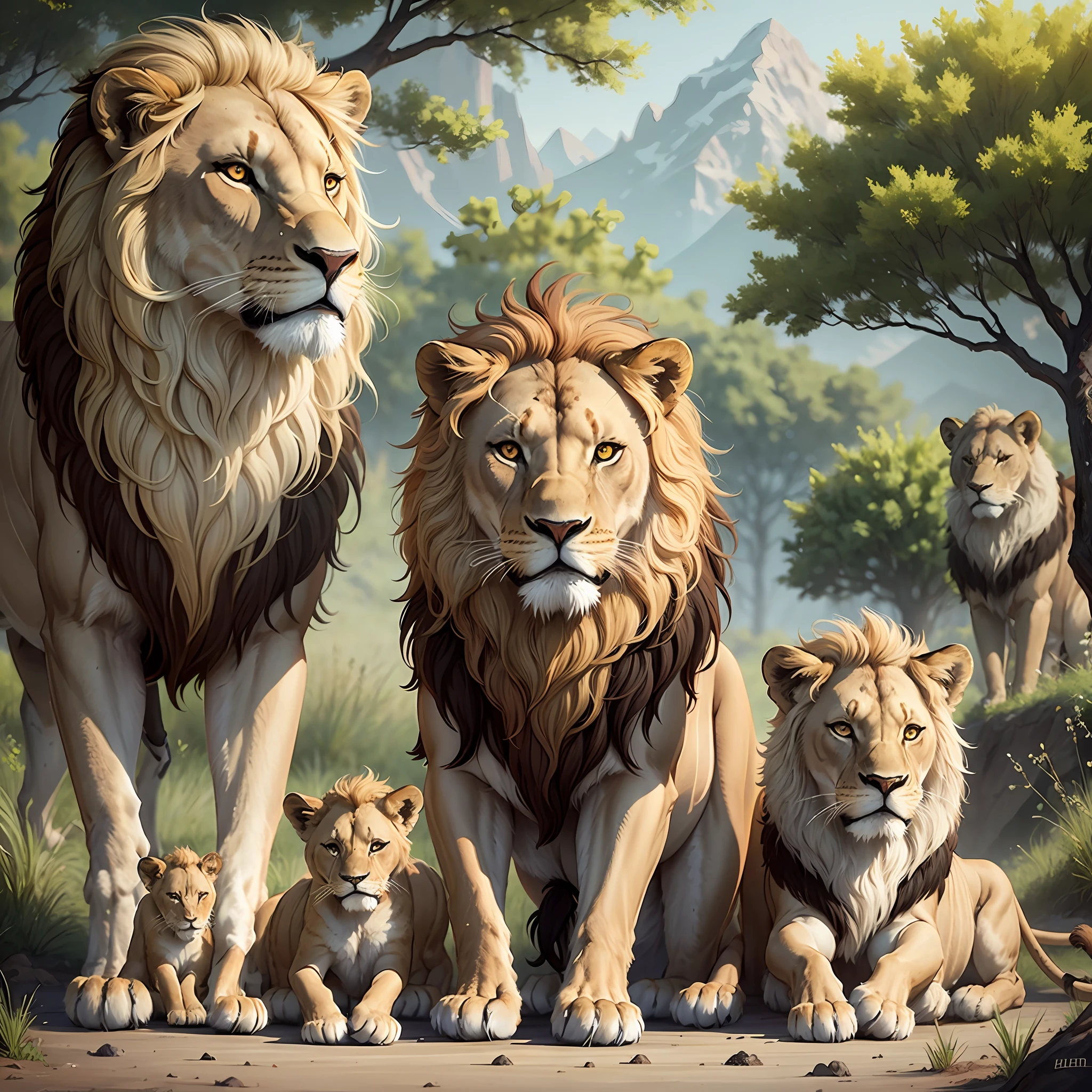create an image of a lion family, with a male lion, a female lioness, and five cubs. I want the image to be realistic. --auto --s2