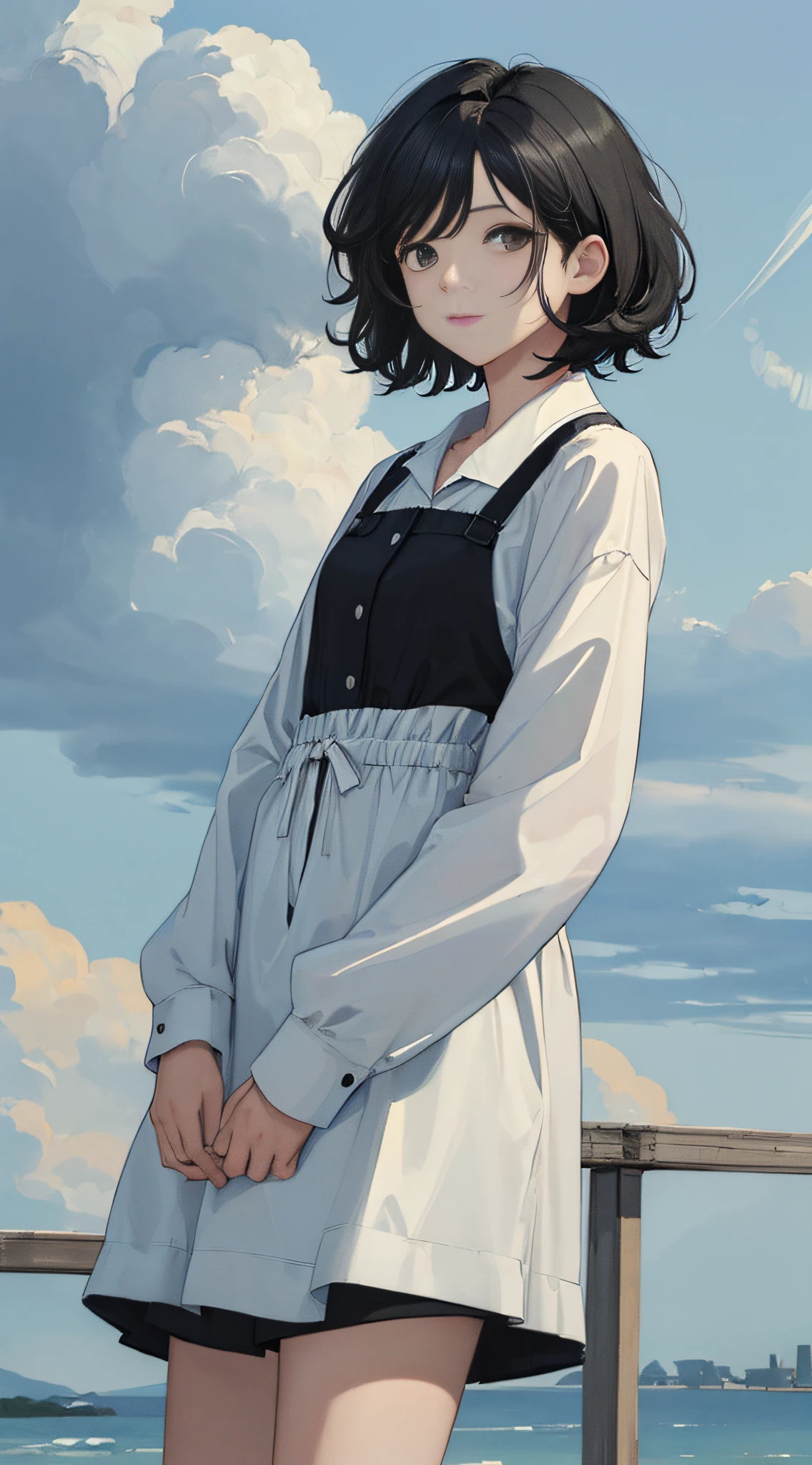 (masterpiece, best quality:1.4), looking at viewer, 
(wavy hair:0.8), short hair, black hair, cloudy sky,