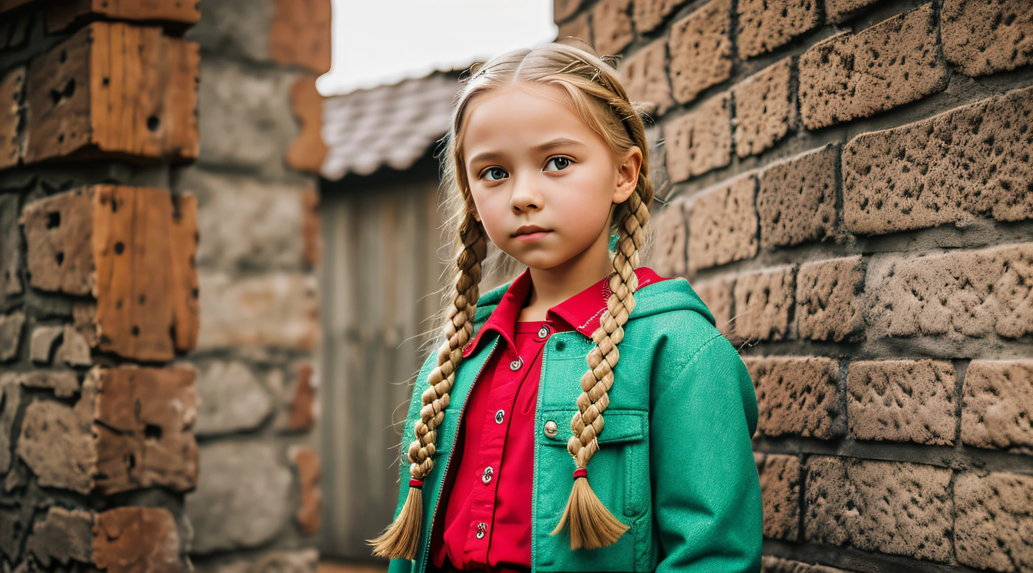 Girl , Russian blonde in braids, com roupa de jaqueta de couro vermelha, fundo de bolas de fogo verde. --auto --s2