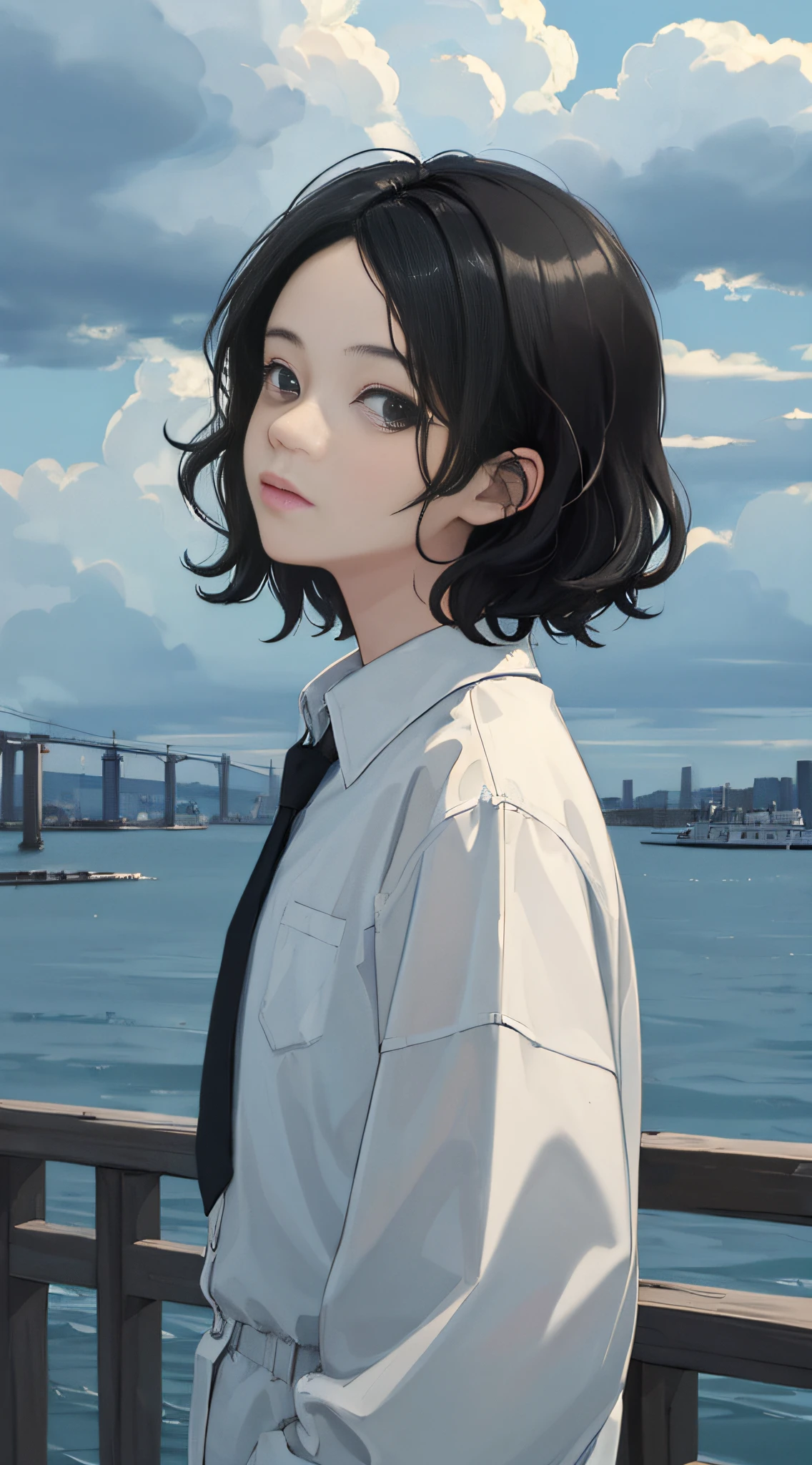 (masterpiece, best quality:1.4), looking at viewer,
(wavy hair:0.8), short hair, black hair, cloudy sky,