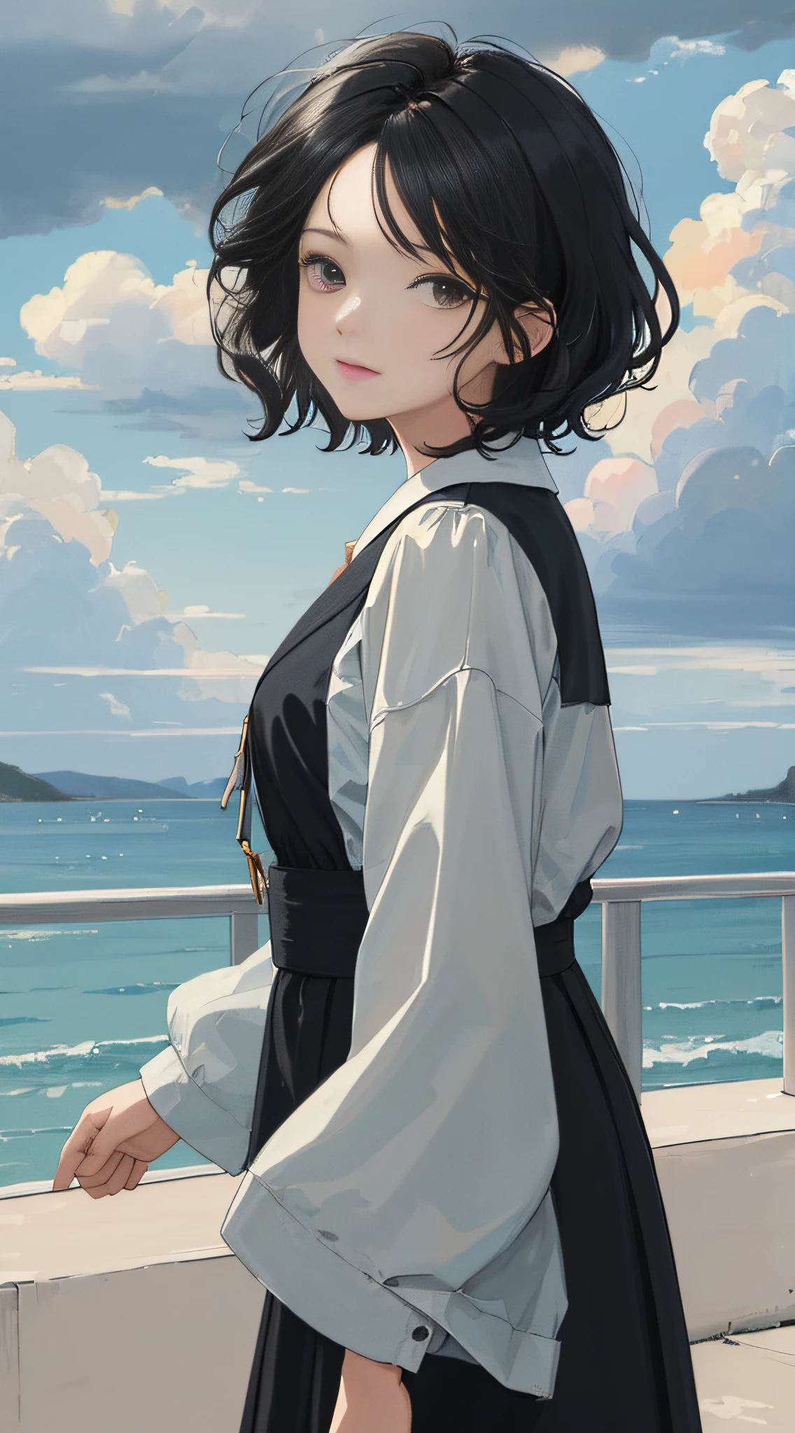 (masterpiece, best quality:1.4), looking at viewer,
(wavy hair:0.8), short hair, black hair, cloudy sky,