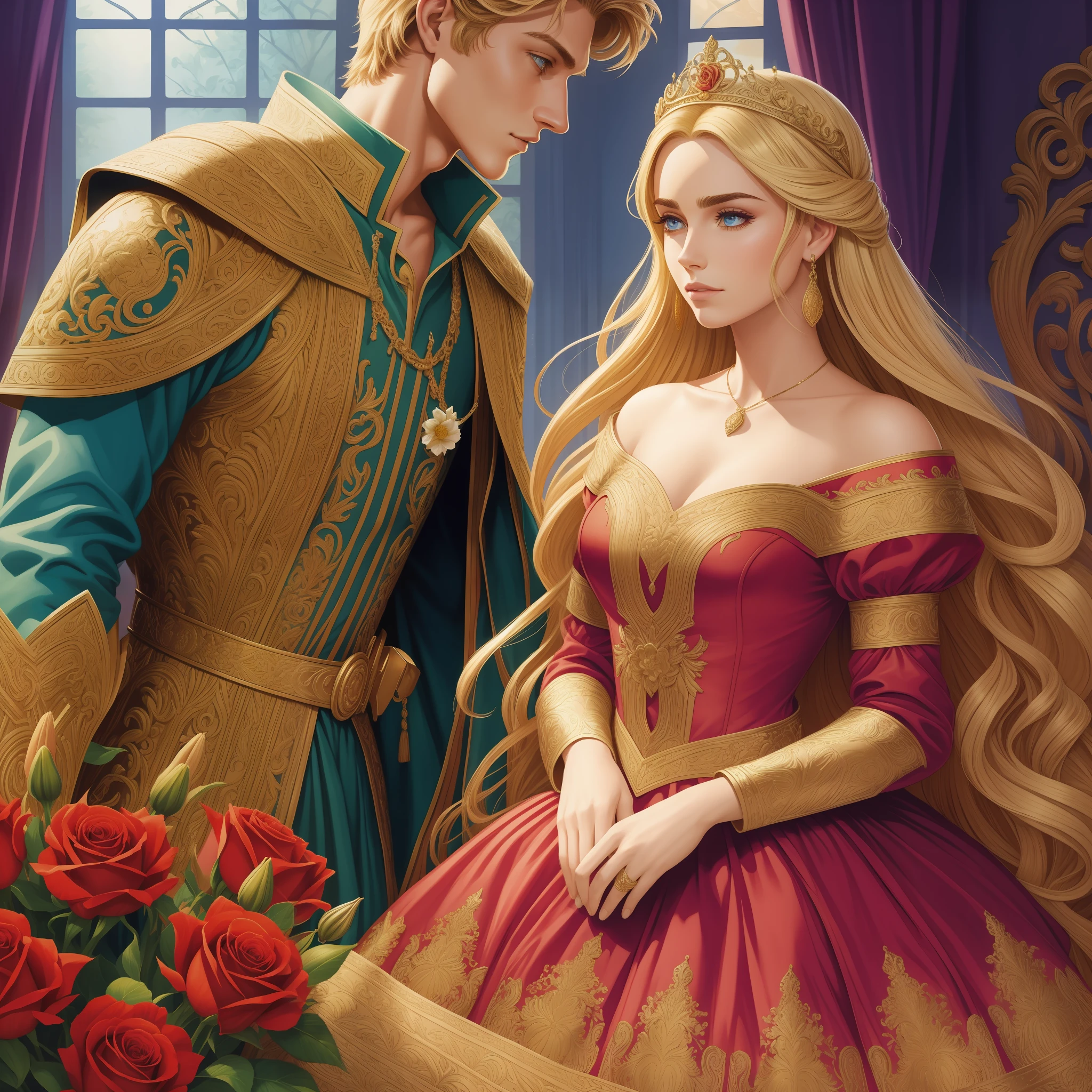 Casal se beija um home e uma mulher com muito carinho, the man Neels Visser is a prince who has golden blonde hair, wears a medieval military garb and is in love with the commoner, a mulher Lily Collins;, que tem cabelo preto moreno encaracolado e usa um vestido vermelho, Illustration of a novel book cover with a detailed background, liso, brilhante cheio de flores cobertas de hera e rosas vermelhas, castelo, Ornate dress standing on a bed of roses, Anel luminoso, dynamic lighting, ethereal lighting, ultra detalhe, arte conceitual, elegante, surreal, arte por Greg Hildebrandt