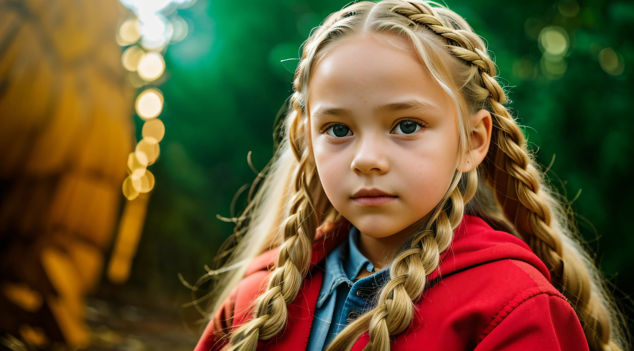 Girl child 10 years old, Russian blonde in braids, com roupa de jaqueta de couro vermelha, fundo de bolas de fogo verde. --auto --s2