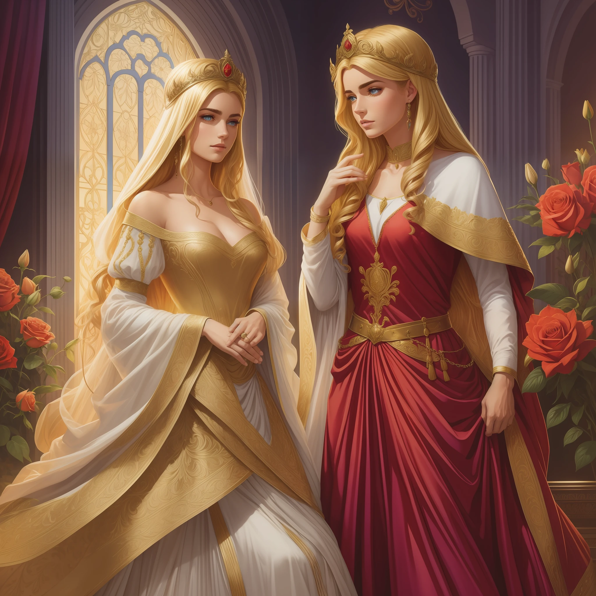 Casal se beija um home e uma mulher com muito carinho, the man Neels Visser is a prince who has golden blonde hair, wears a medieval military garb and is in love with the commoner, a mulher Lily Collins;, que tem cabelo preto moreno encaracolado e usa um vestido vermelho, Illustration of a novel book cover with a detailed background, liso, brilhante cheio de flores cobertas de hera e rosas vermelhas, castelo, Ornate dress standing on a bed of roses, Anel luminoso, dynamic lighting, ethereal lighting, ultra detalhe, arte conceitual, elegante, surreal, arte por Greg Hildebrandt