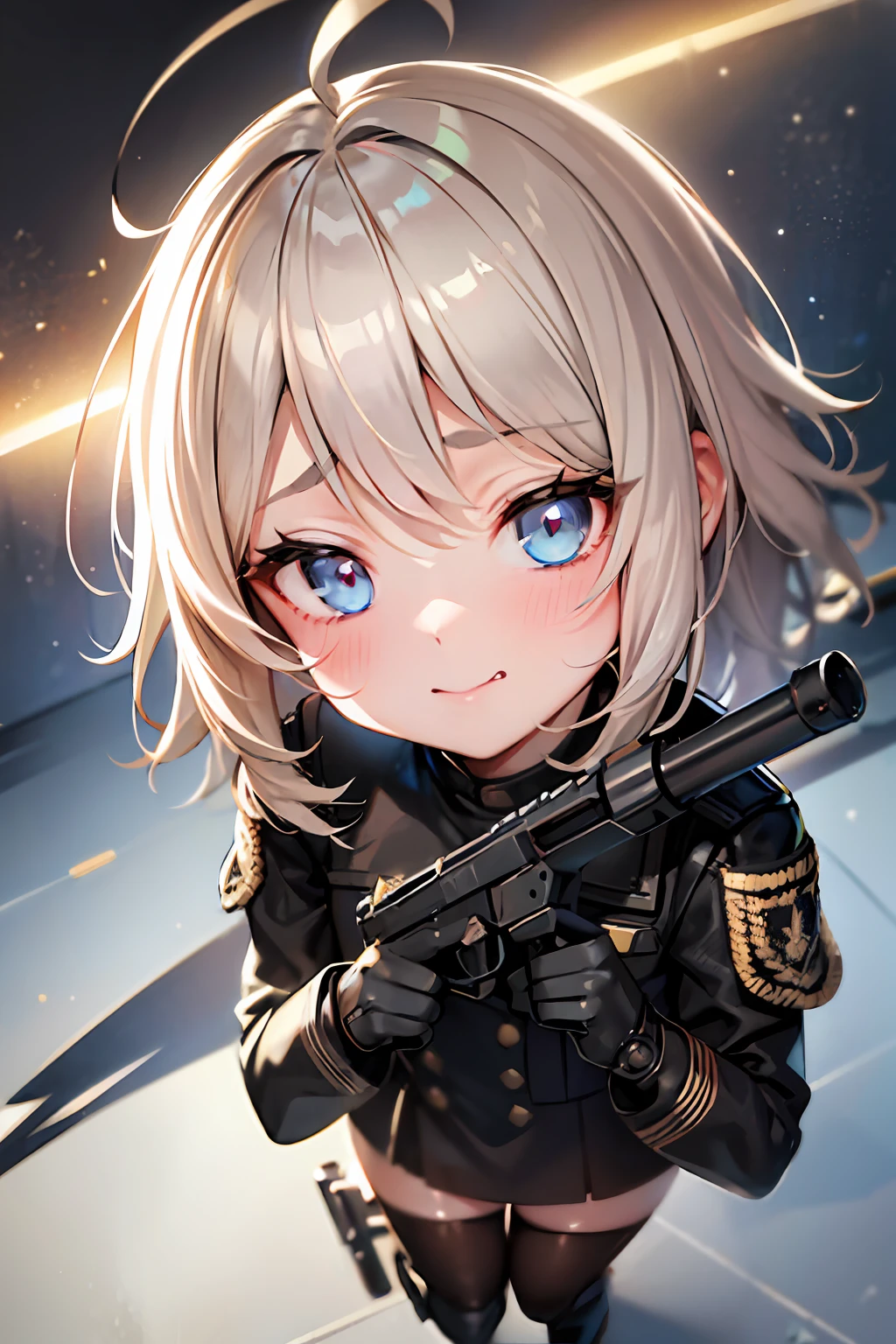The girl wore a black German military uniform, Girls' Front, animated, extremely beautiful detailed anime face and eyes, realistic, whole body, focus on eyes, holding_weapon, beautiful detailed fullbody, petite, girl, baby,5 years old, short hair, messy hair, wept bangs, blonde hair, disheveled hair, ahoge, Delicate facerain, baby face, lovely big eyes, sky background,flat_chest, blue eyes, black_gloves, gun, military, boots, black Clothes, grand space, floating, God Light, Absurd, artbook, extremely detailed 8K wallpaper, very precise detailed, absurdres, {{{{{{{hensin}}}}}}},{{{{glowing neon arms}}}},{{{{glowing neon legs}}}}, dutch angle, from above, (smirk), detailed gun, detailed pendan