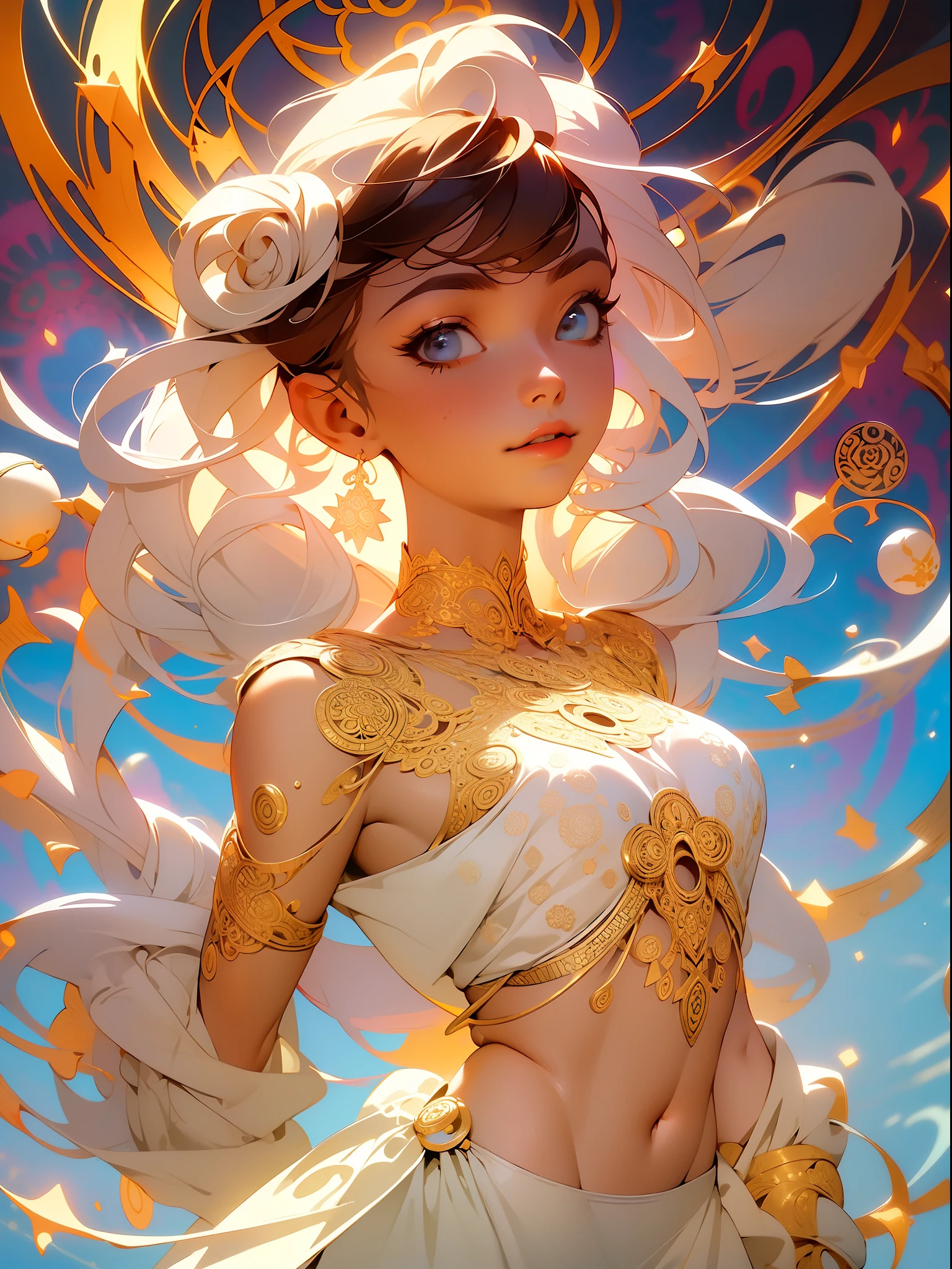 a masterpiece、, Bestquality, (zentangle, mandalas, tangle, entangle), 1 girl, extremely detailed, dynamic angle, cowboy shot, elegant, s vibrant colors, romanticism, luminescent, Light particles, spark