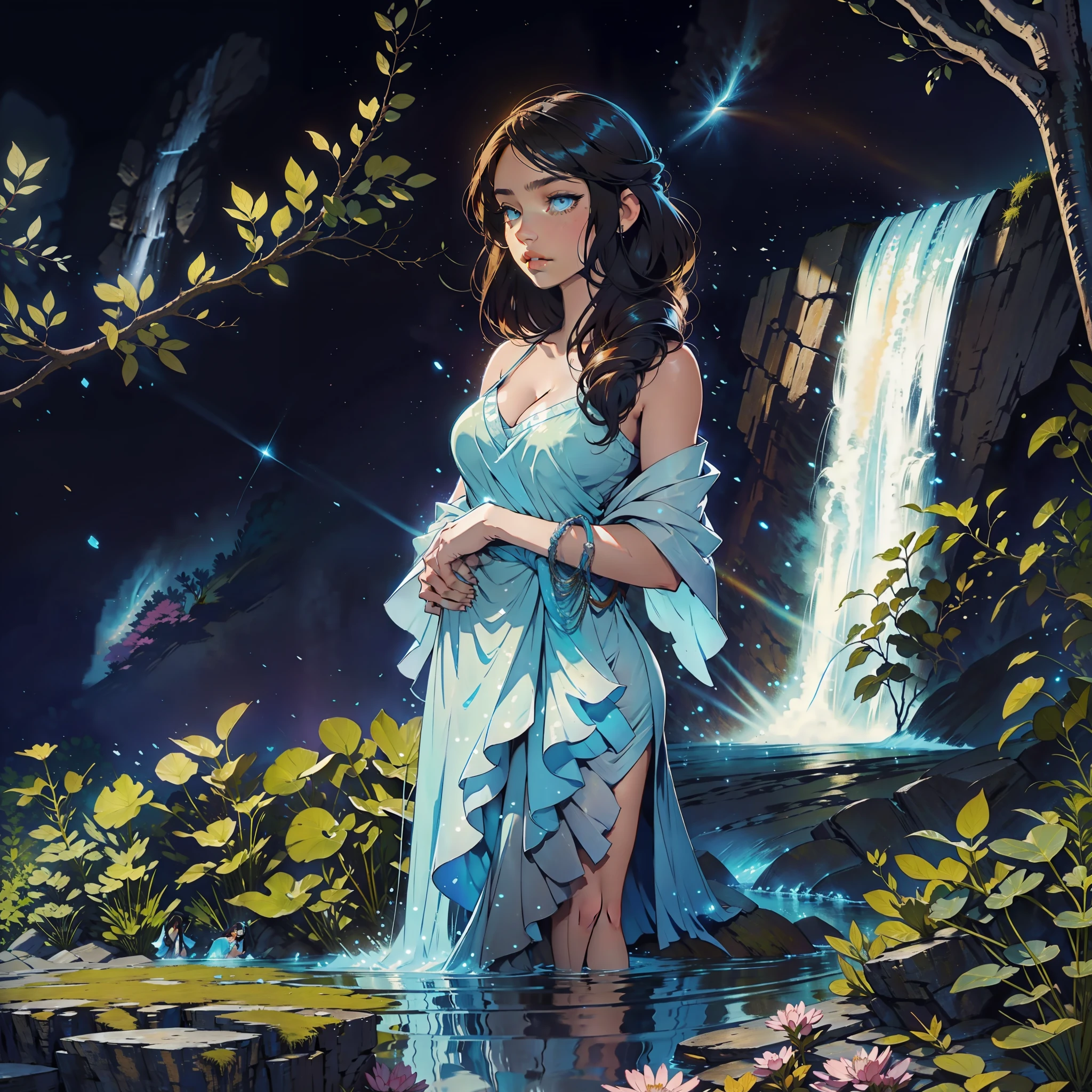 A brunette woman is standing at a majestic waterfall that glows a soft blue hue as it falls down the body of the woman who feels peace in that place