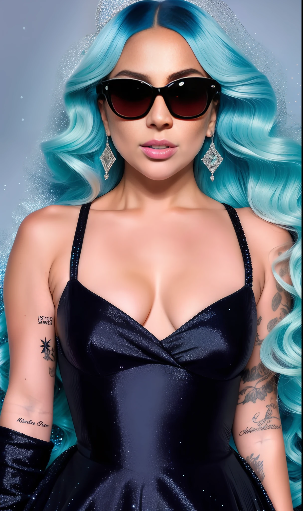Foto de lady gaga, textura 4K, sosten en piedras y diamantes negro y beige,neon,cabello extravagante, imagen en 8k, alta costura, flashes, alta calidad de imagen,vestido neon, rostro realista, varias poses corporales, cuerpo completo, imagen 8k, Sharp image,HD, gafas azules, rostro HD,fondo de galaxia, Very sharp and detailed face