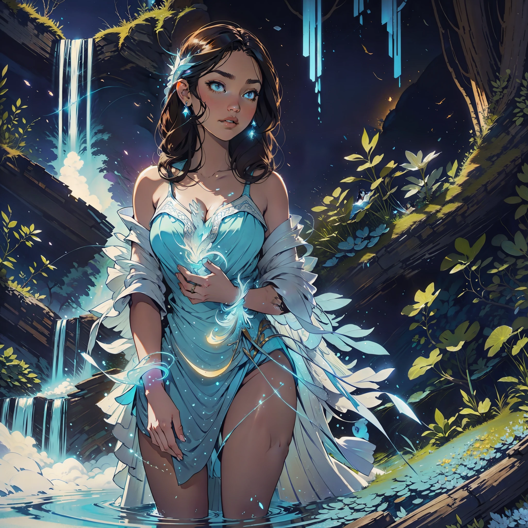 A brunette woman is standing at a majestic waterfall that glows a soft blue hue as it falls down the body of the woman who feels peace in that place