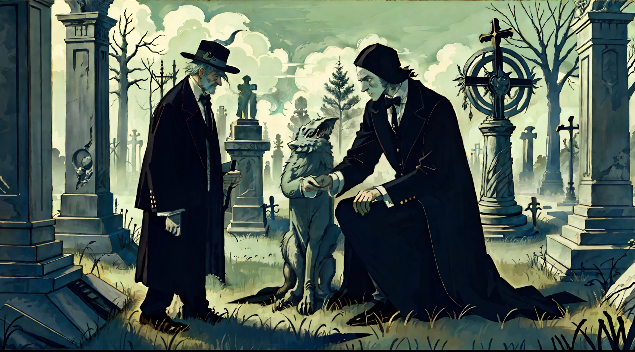 An elemental cryptid in an enchanting cemetery by Edward Gorey and Fritz Bleyl