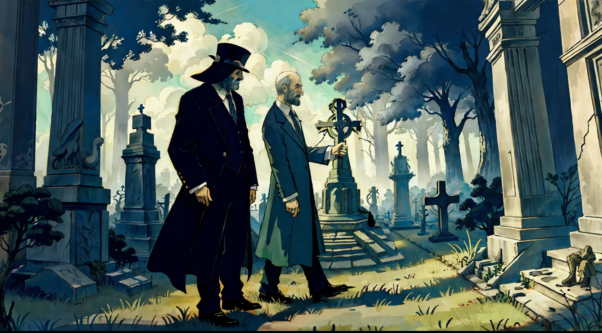 An elemental cryptid in an enchanting cemetery by Edward Gorey and Fritz Bleyl