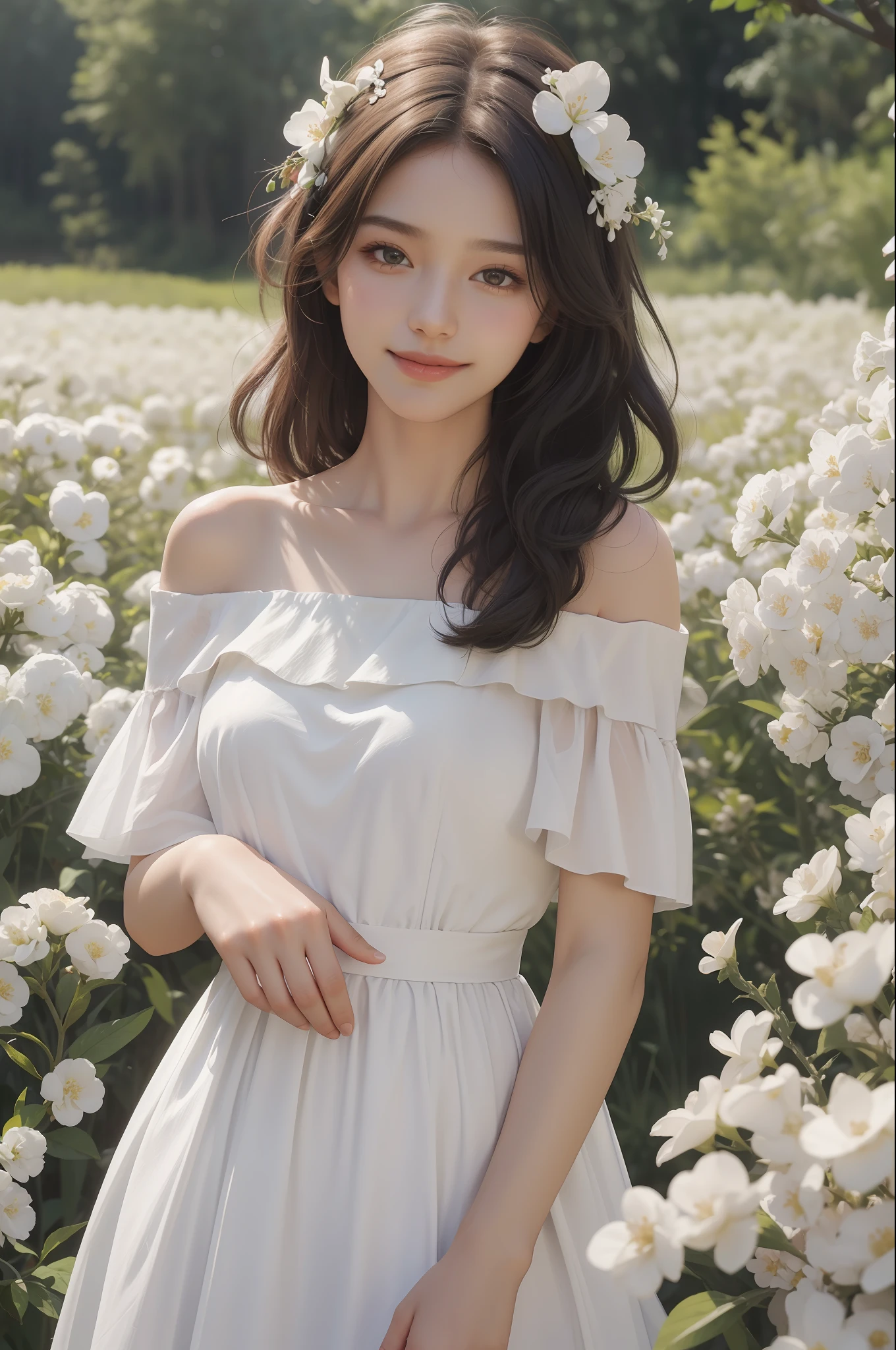 Best quality, masterpiece, ultra high res, (photorealistic:1.4), raw photo, 1girl, white dress, off shoulder, blossom flower field, glowing skin, light smile