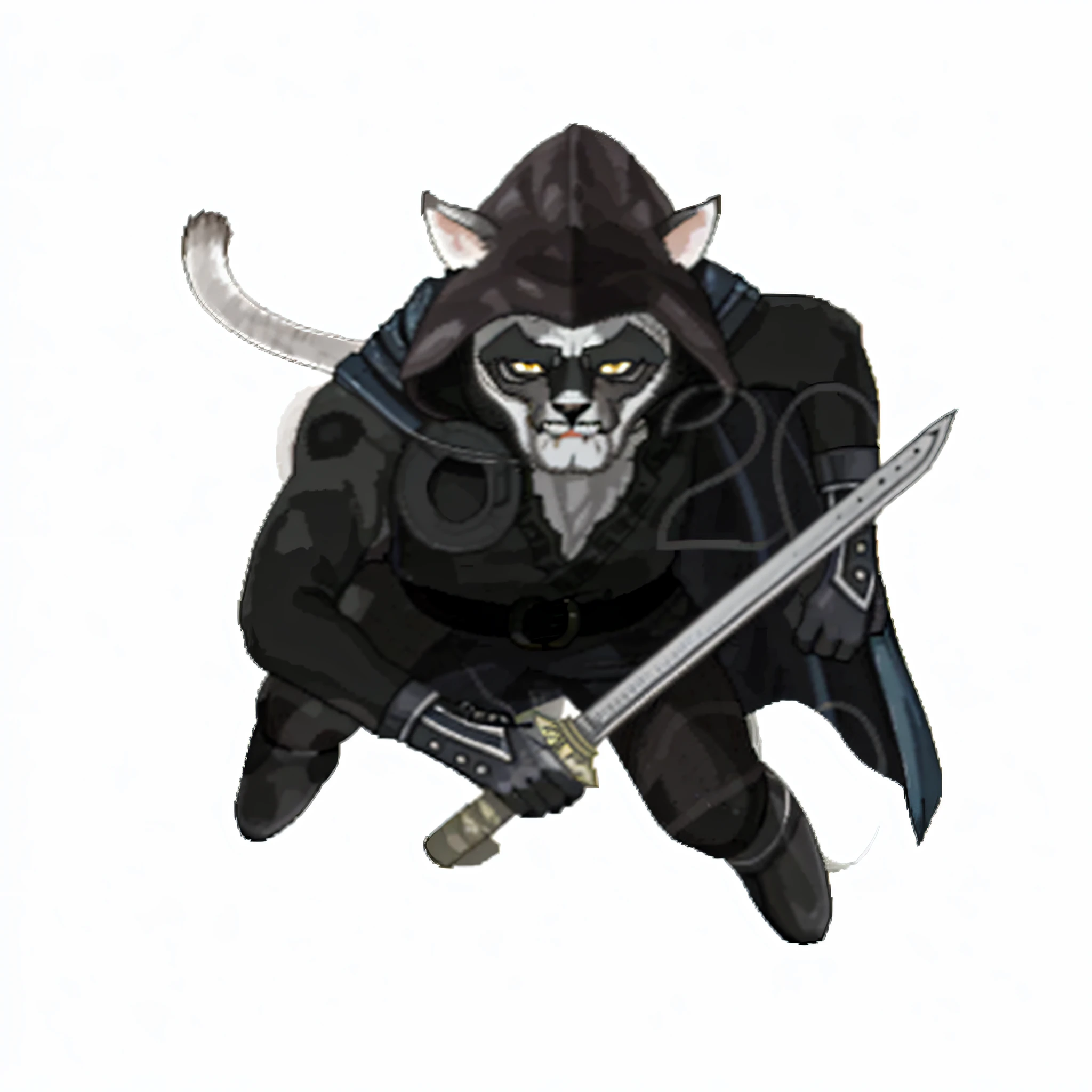 uma imagem de desenho animado de um gato com uma espada e um capuz, Tabaxi :: velhaco, anthropomorphic cat ninja, gato o assassino, Monge Tabaxi, gato ninja, MK Ninja, Tiefling desonestos, Tabaxi, Guerreiro Gato, Ceifador sombrio, exceto um rato, afro samurai animes style, O Deus das Trevas dos Gatos, samurai urso da lua