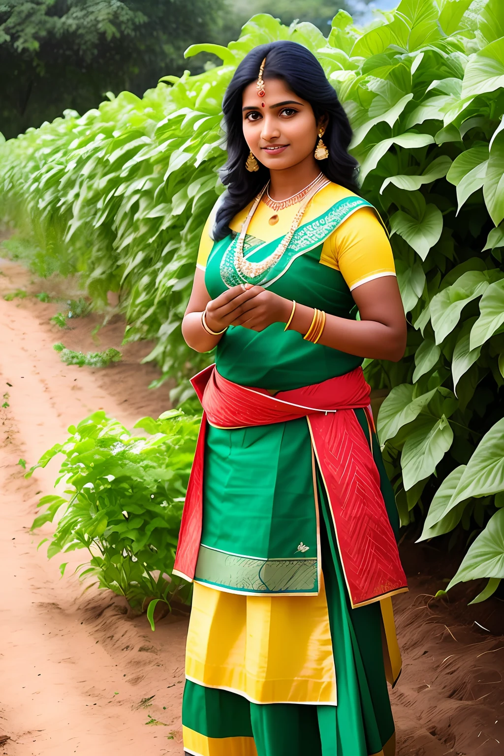 Picture a confident Indian woman, elegantly dressed in traditional attire, standing near a vegetable garden. She is expertly pruning plants, her hands delicately shaping the foliage, symbolizing the nurturing aspect of agriculture.