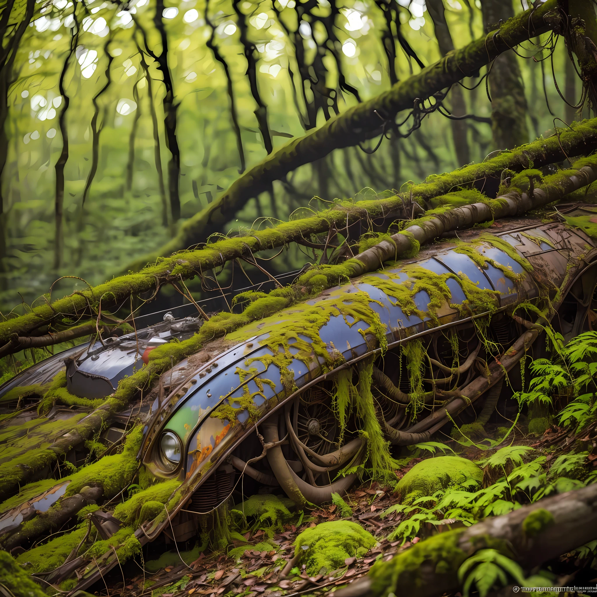 A haunting image of a decaying blue VW bus, its partially decayed remains covered in moss and lichen. The large, twisted, leaf-shaped structures beneath the insect resemble twisted rope, and the surrounding forest is bathed in a warm, golden light. The sun casts a warm glow on the scene, illuminating the decaying leaves, highlighting the vivid color and texture of the decaying wood. fast shutter speed, wide aperture, low light --auto --s2