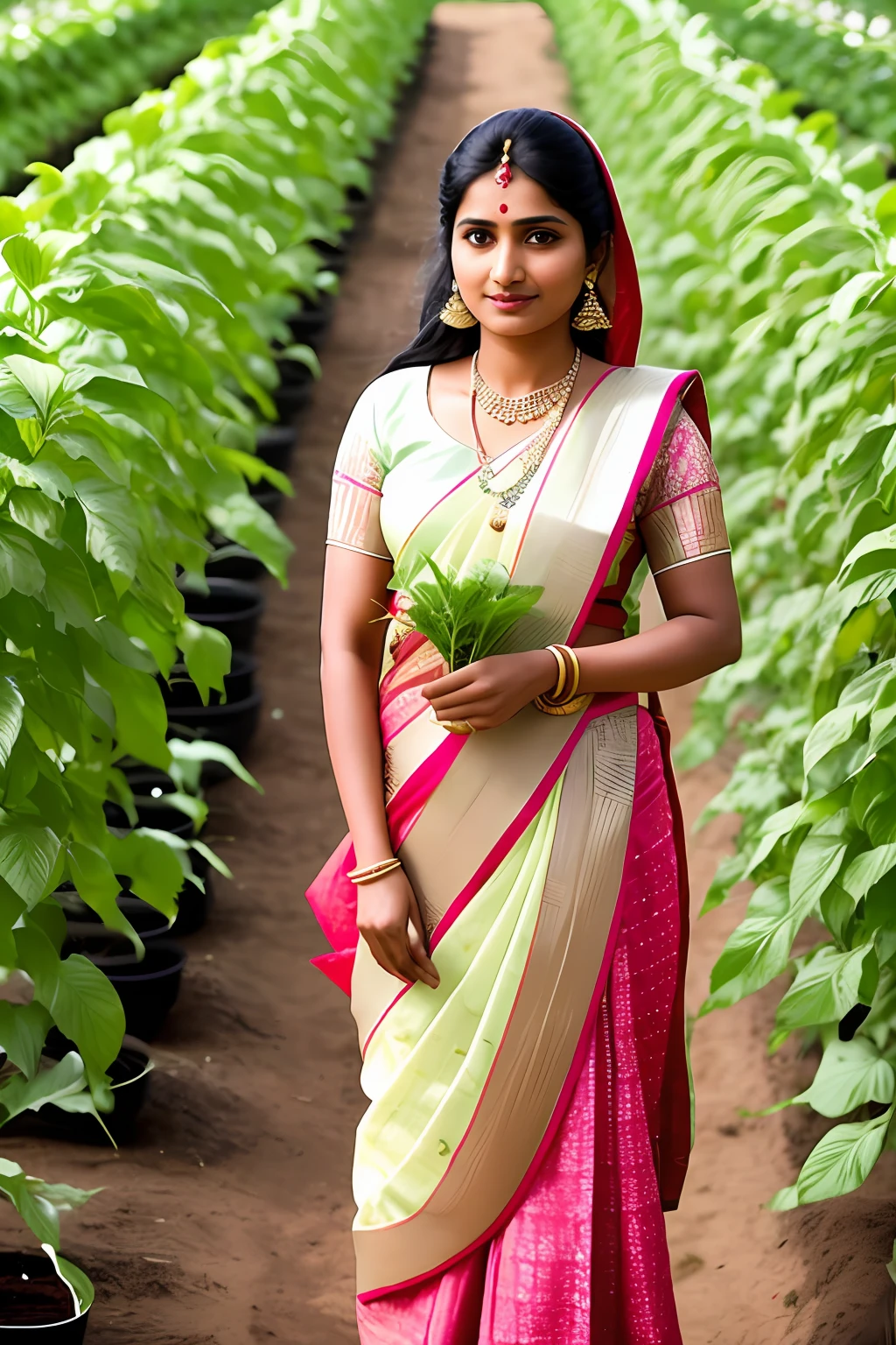 Picture a confident Indian woman, elegantly dressed in traditional attire, standing near a vegetable garden. She is expertly pruning plants, her hands delicately shaping the foliage, symbolizing the nurturing aspect of agriculture.