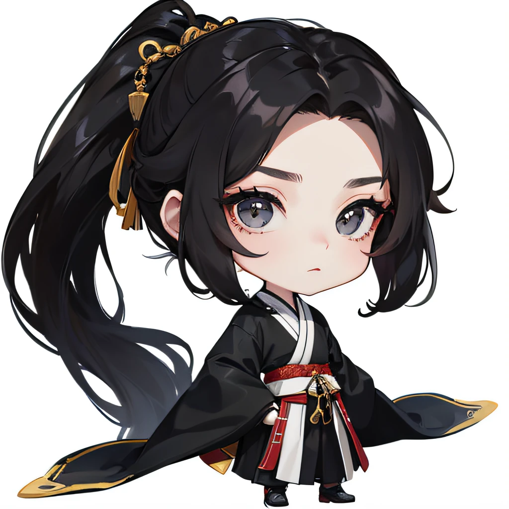 a masterpiece,best,one boy,Chibi,standding,sideways,Hanfu,Black Long Hair,ponytail,Black eyes,White Background,Simple background