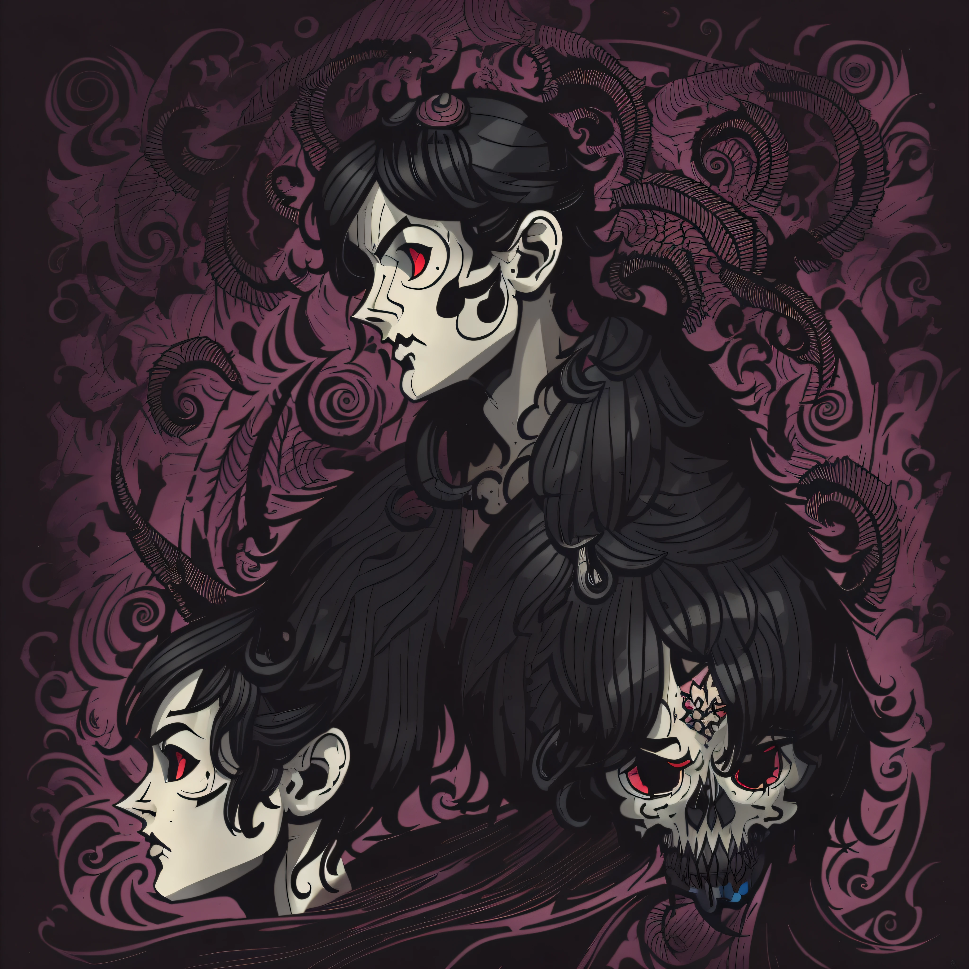 In the image, we see a boy with an emo hair style inspired by the game "Don't Starve Together". Her hair is long and dark, falling in shaggy locks around her pale face. He has fringes that cover part of his eyes, giving him a mysterious look.
The boy wears clothes in the Gothic cartoon style, with a mixture of dark and extravagant elements. He wears a black T-shirt with skull prints and dark red accents, matching a pair of tight pants of the same color. His footwear is a high-top boot, also black, with buckles and silver details.
To complete the look, the boy has a stylist applied to his forehead. The stylist has a unique design, looking like a tribal symbol with touches of mystical elements. It can be an image that represents a mythical animal or a symbol related to the fantastic world of the game "Don't Starve Together".