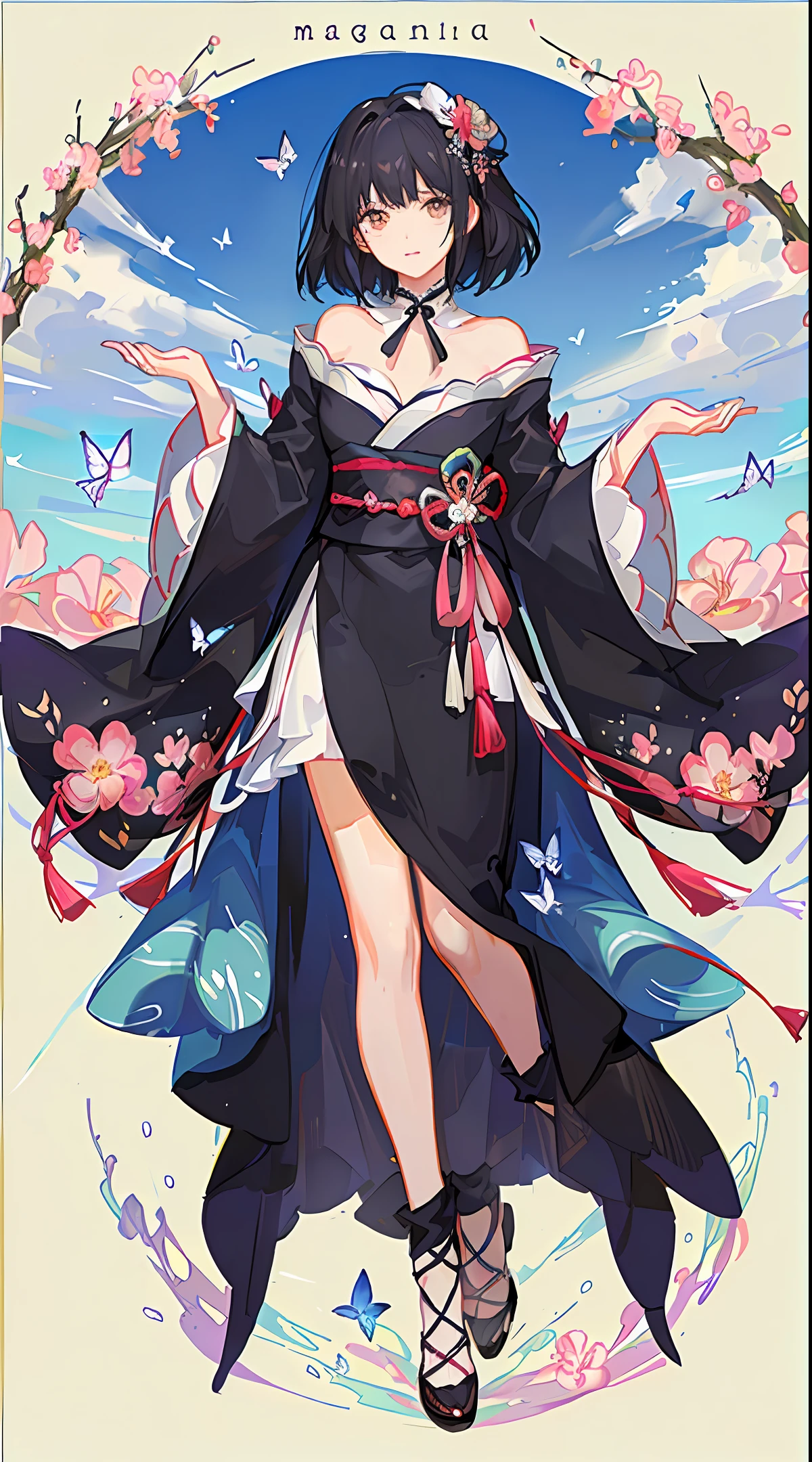 Moe、magical girl、dark black hair、Lustrous hair、Seven colors、Fly in the sky、Japan furisode pattern、colorfully、ornate、Blossom、butterflies、wallpapers、design